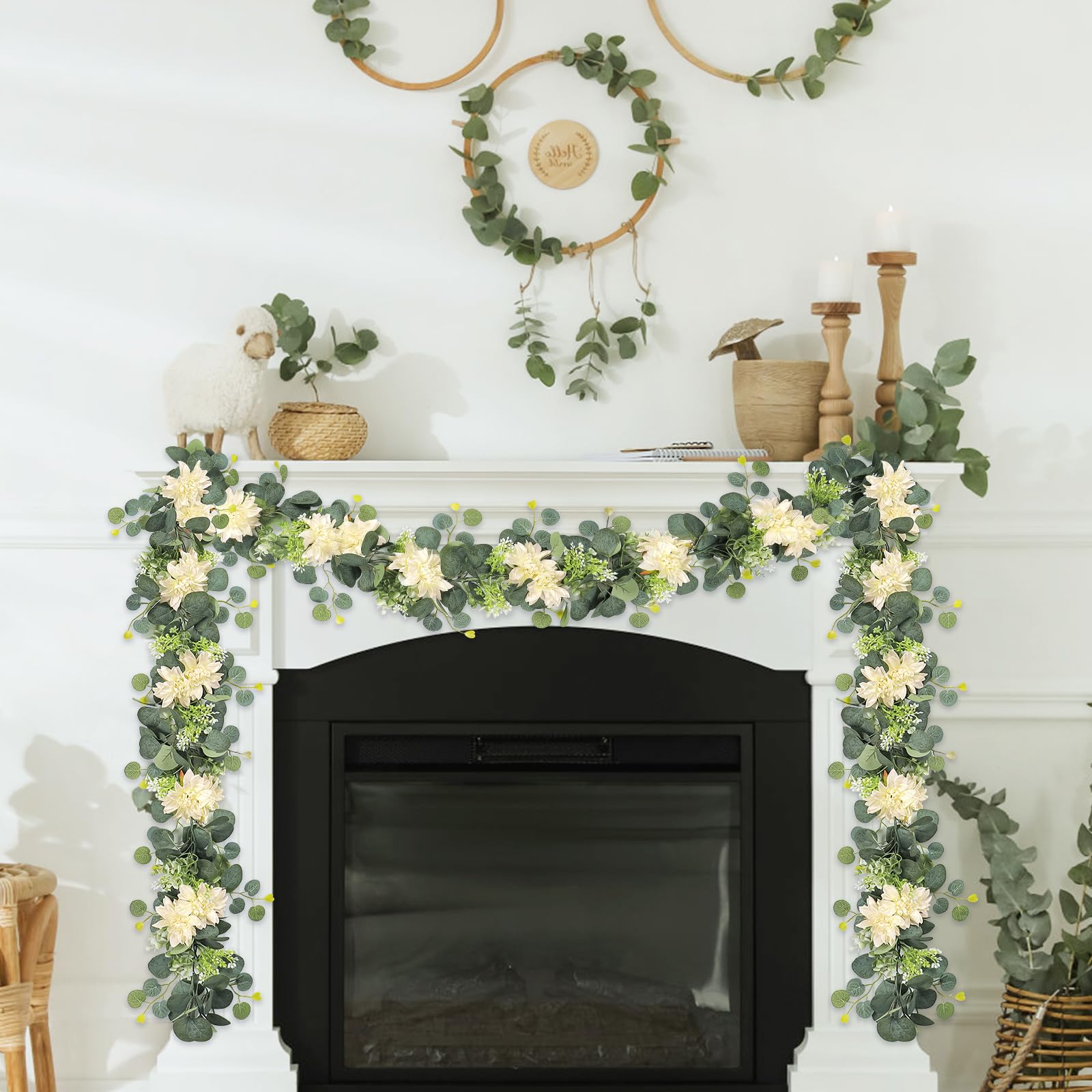 Dremisland Künstliche Eukalyptus-Blumengirlande mit Champagner-Dahlie-Blume, 7,6 m, künstliche Champagnerblume, grüne Girlande, hängende Blumenranken für Hochzeit, Zuhause, Party, Wand-Tischläufer