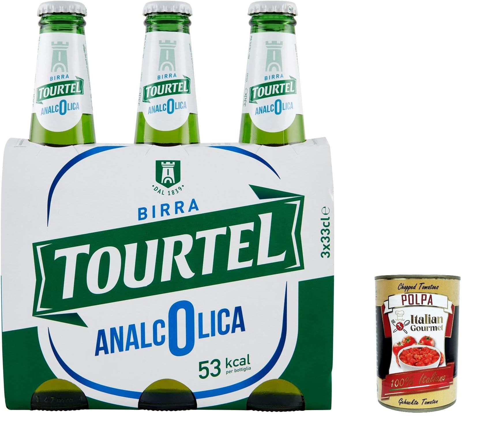 24x BIRRA Tourtel 0.0% Birra Analcolica, alkoholfrei Flasche Bier 0% Alk. 0,33l Flasche + Italian Gourmet polpa 400g