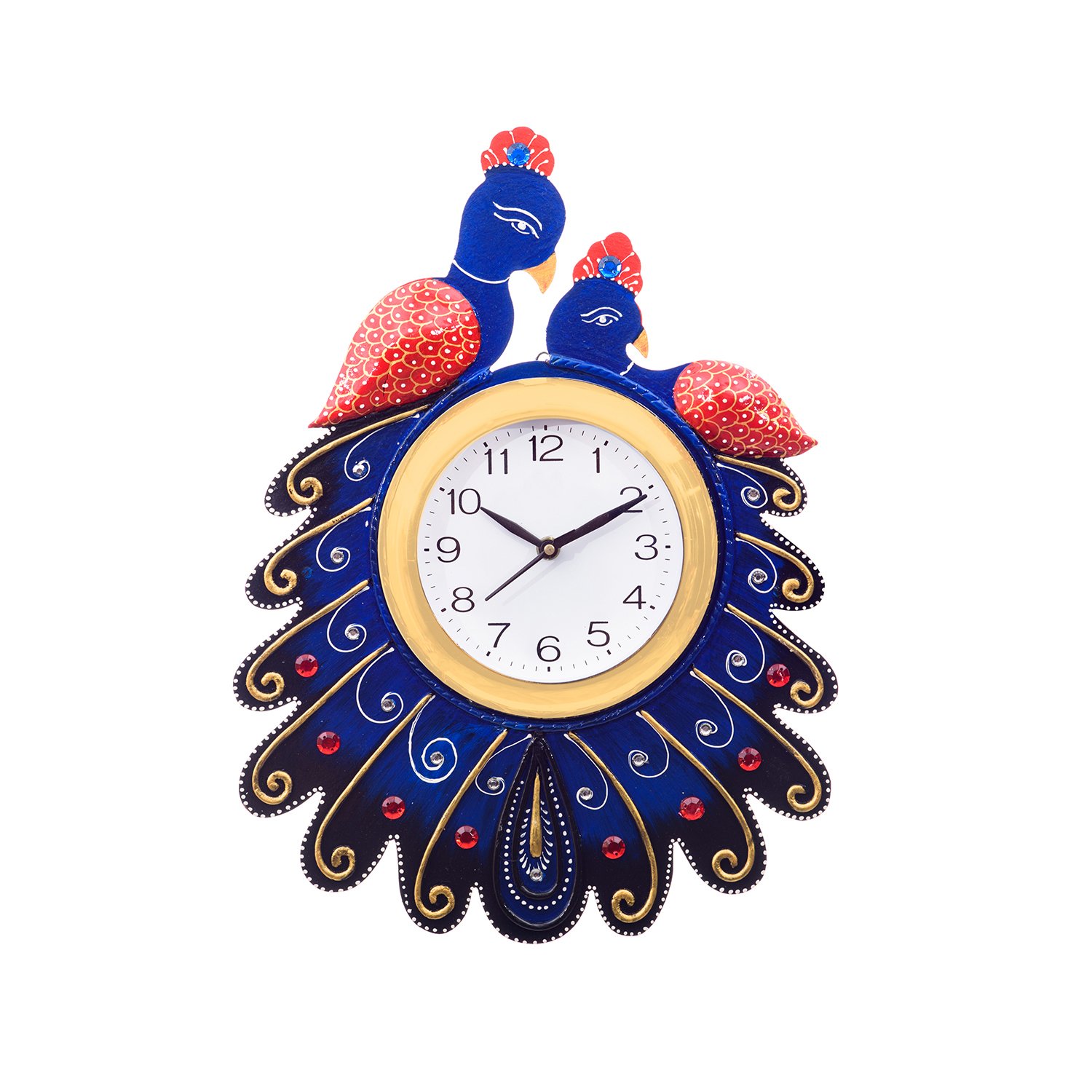 eCraftIndia Handcrafted 2 Peacocks Decorative Papier-Mache and Wooden Wall Clock (23 cm x 3 cm x 36 cm, KWC647)
