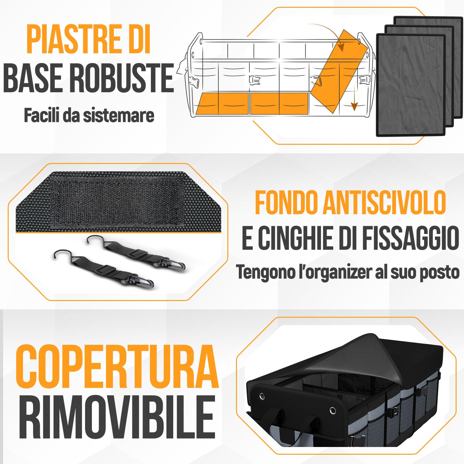 FORTEM Organizzatore Baule SUV, Contenitore Pieghevole Multi Scomparti, Accessori Auto Uomo Donna, Tessuto Oxford 1680D, Fondo Antiscivolo, Cinghie Regolabili, Coperchio Morbido (90L)