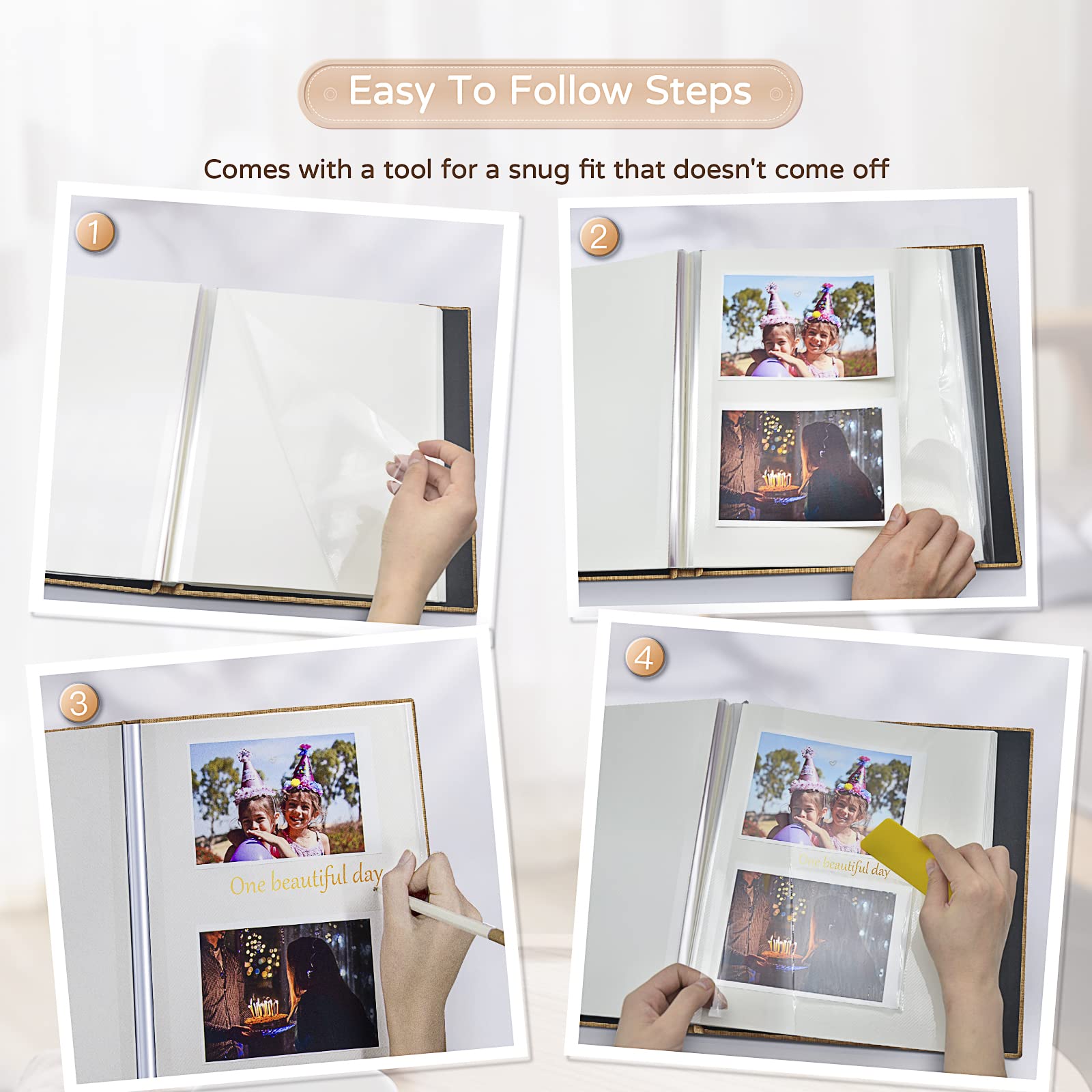 Popotop Álbum de fotos grande autoadhesivo de 4 x 6, 5 x 7, 8 x 10 pulgadas, álbum de fotos, regalo para mamá, familia, bebé y boda, con bolígrafo de metal y tablero de plástico
