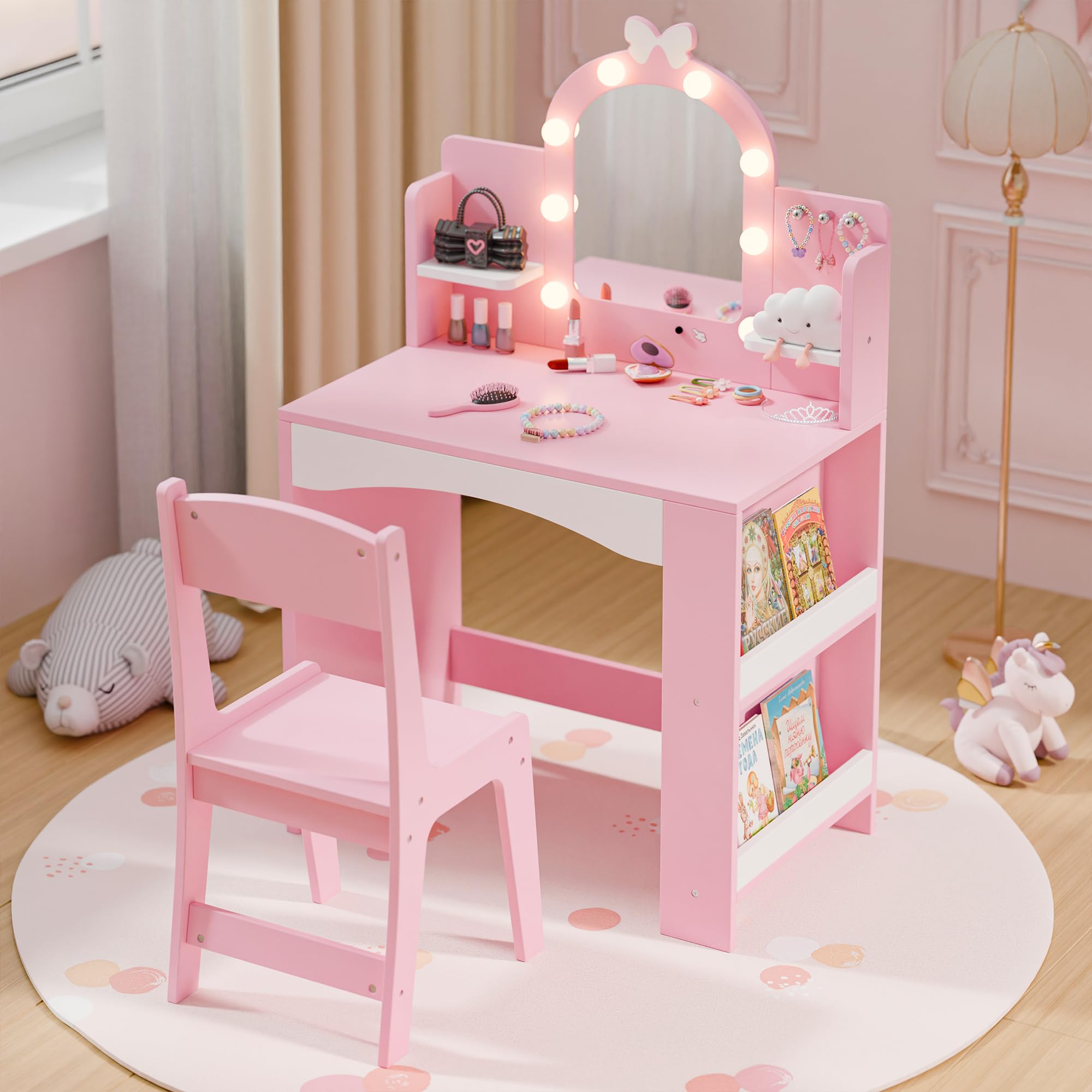 mu kids vanity with lights princess makeup vanity table and chair set for girls toddler vanity desk with open bookshelf storage cabinet amp shelves stools pink