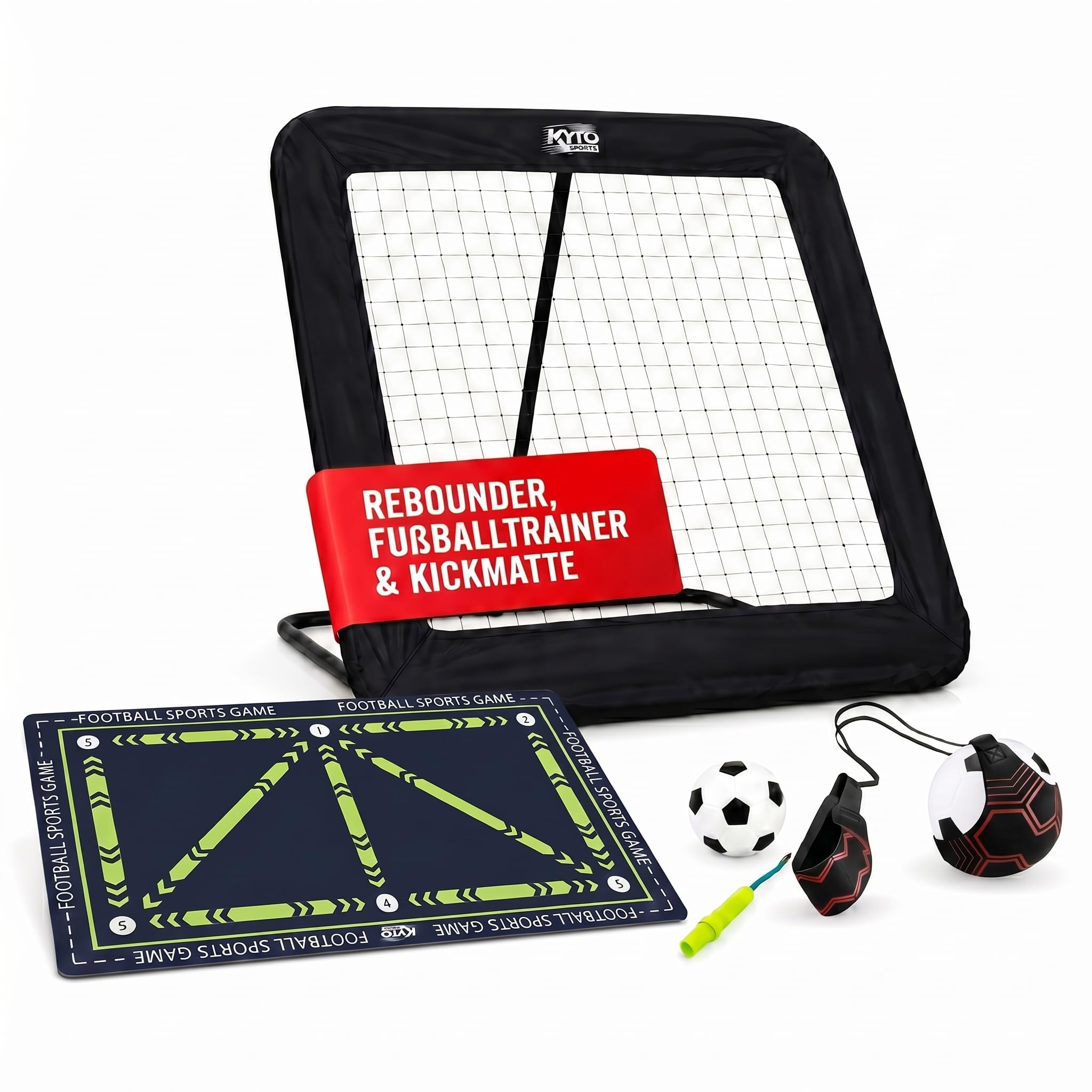 Kyto Fußball Rebounder XL 100x100 cm – Winkelverstellbar mit Ball & Pumpe