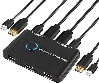 HDMI KVM Switch 4K@60Hz, 2 Port HDMI USB KVM Switcher for 2 Computers Share 1 Monitor and 2 USB Devices, with 2 HDMI Cables and 2 USB Cables