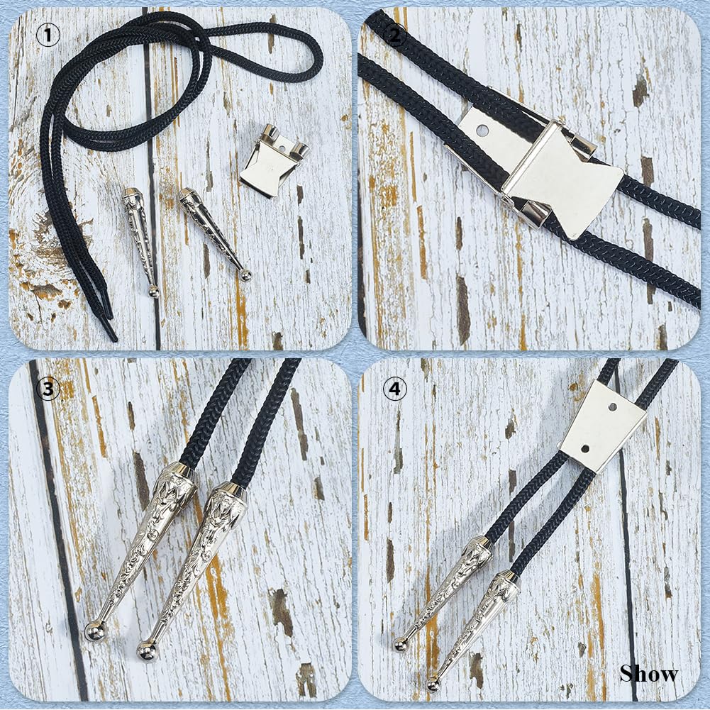 GORGECRAFT 3 Ensemble D'Embouts de Rechange pour Cravates Bolo de Grande Taille en Fer 6 Embouts de Cordon à Boucle Ronde en Alliage 3 Cordons à Embouts Texturés 3 fermoirs Coulissants (Platine)