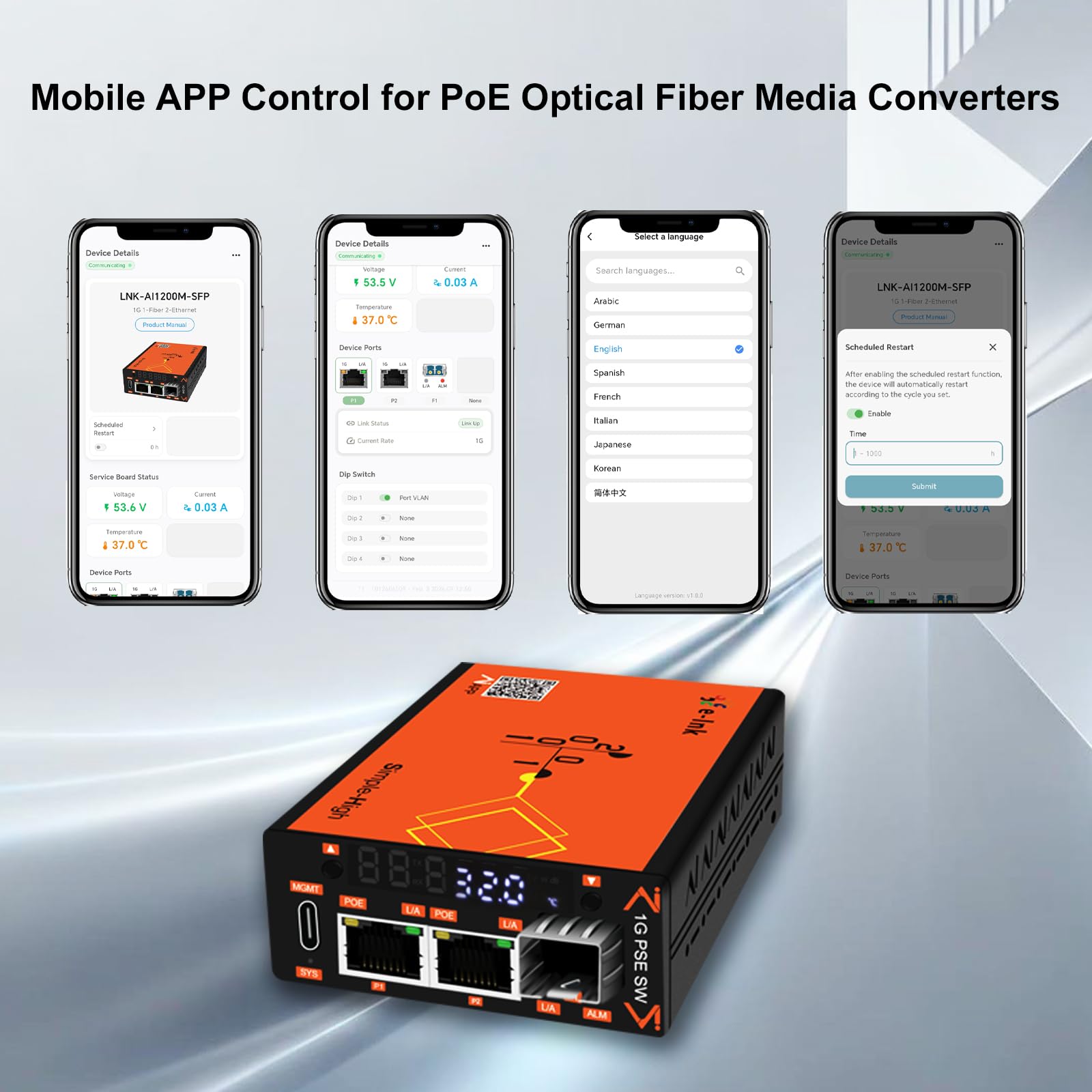 Convertisseur de média en fibre PoE 30 W géré intelligemment visualisé, 10/100/1000 Mbps, 2 × PoE RJ45 1 × SFP, écran LED, DIP VLAN, contrôle APP/Web, alarme DDM, pour autoroute, transport ferroviaire