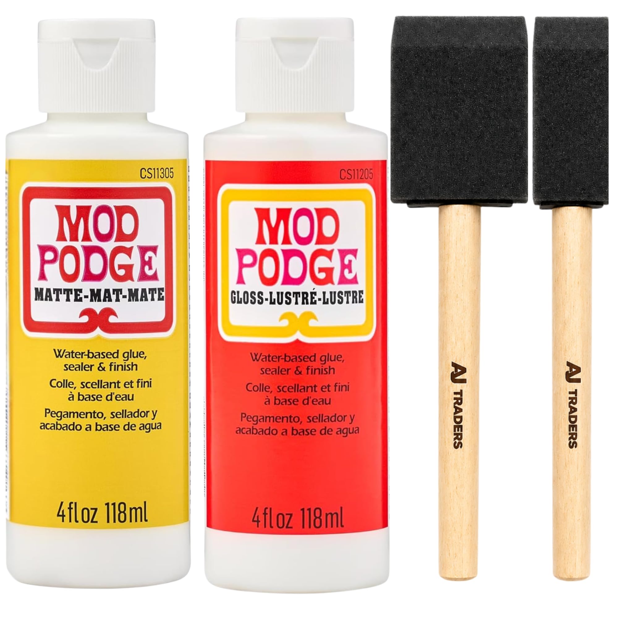 Mod Podge Water Based Craft Glue & Sealer Bundle โ Modge Podge Matte & Gloss 4 fl oz 118 ml with Foam Brushes for Decoupage, Puzzles, Paper, Fabric & DIY Crafts, Quick Drying Decoupage kit.