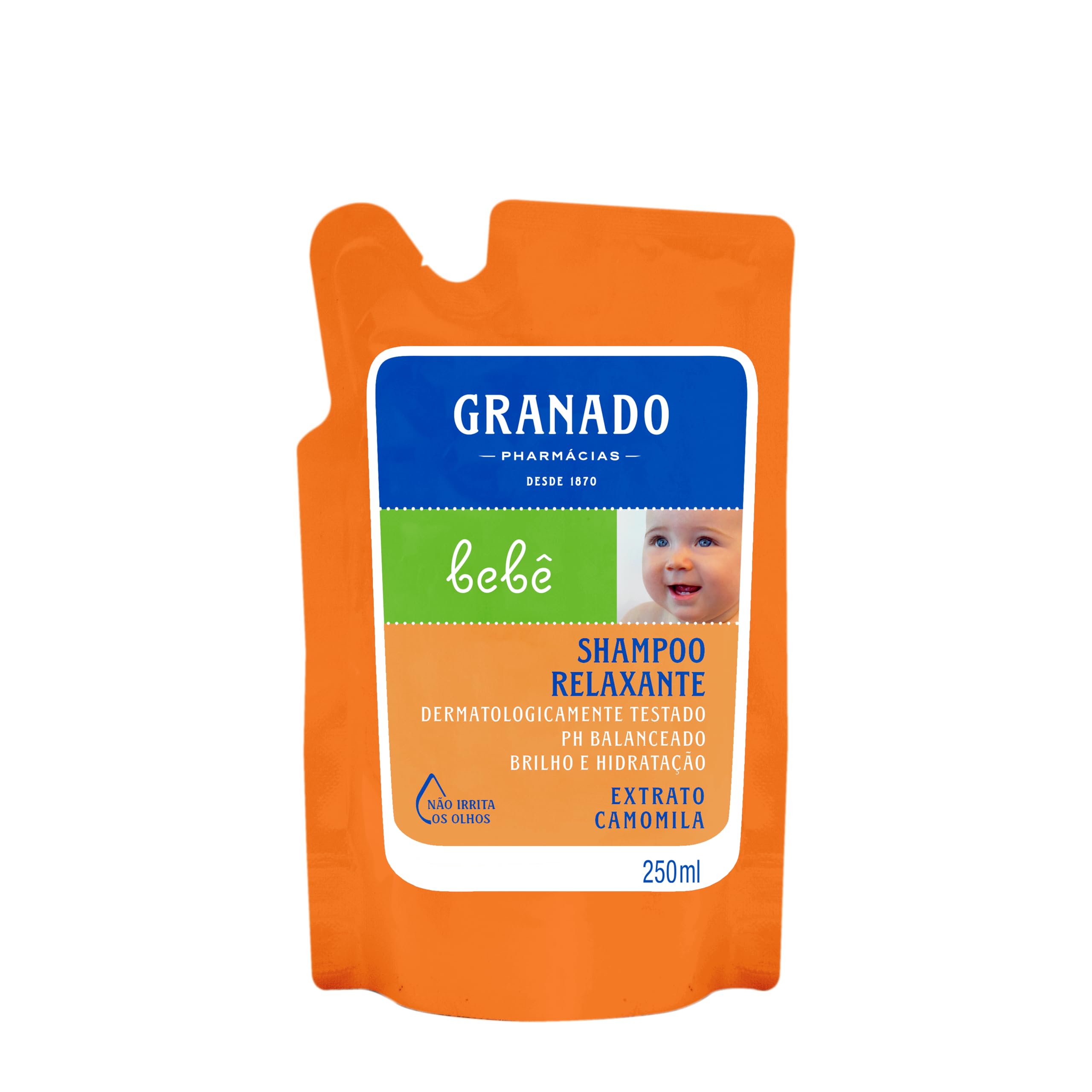 Shampoo Granado Bebê Camomila Relaxante Refil 250ml em destaque frontal.