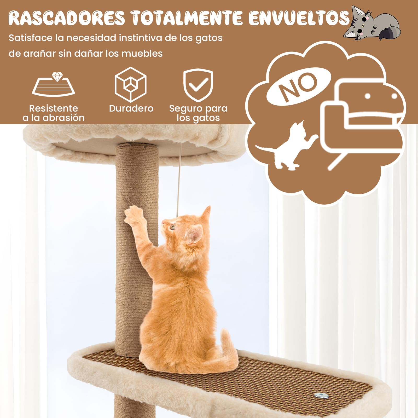 COSTWAY Torre para Gatos de Ratán, Árbol para Gatos de Interior con 3 Juguetes Colgantes, Árbol Rascador, Plataforma, Cama Espaciosa, Centro de Actividades con Tapete de Felpa (40 x 40 x 90 cm)