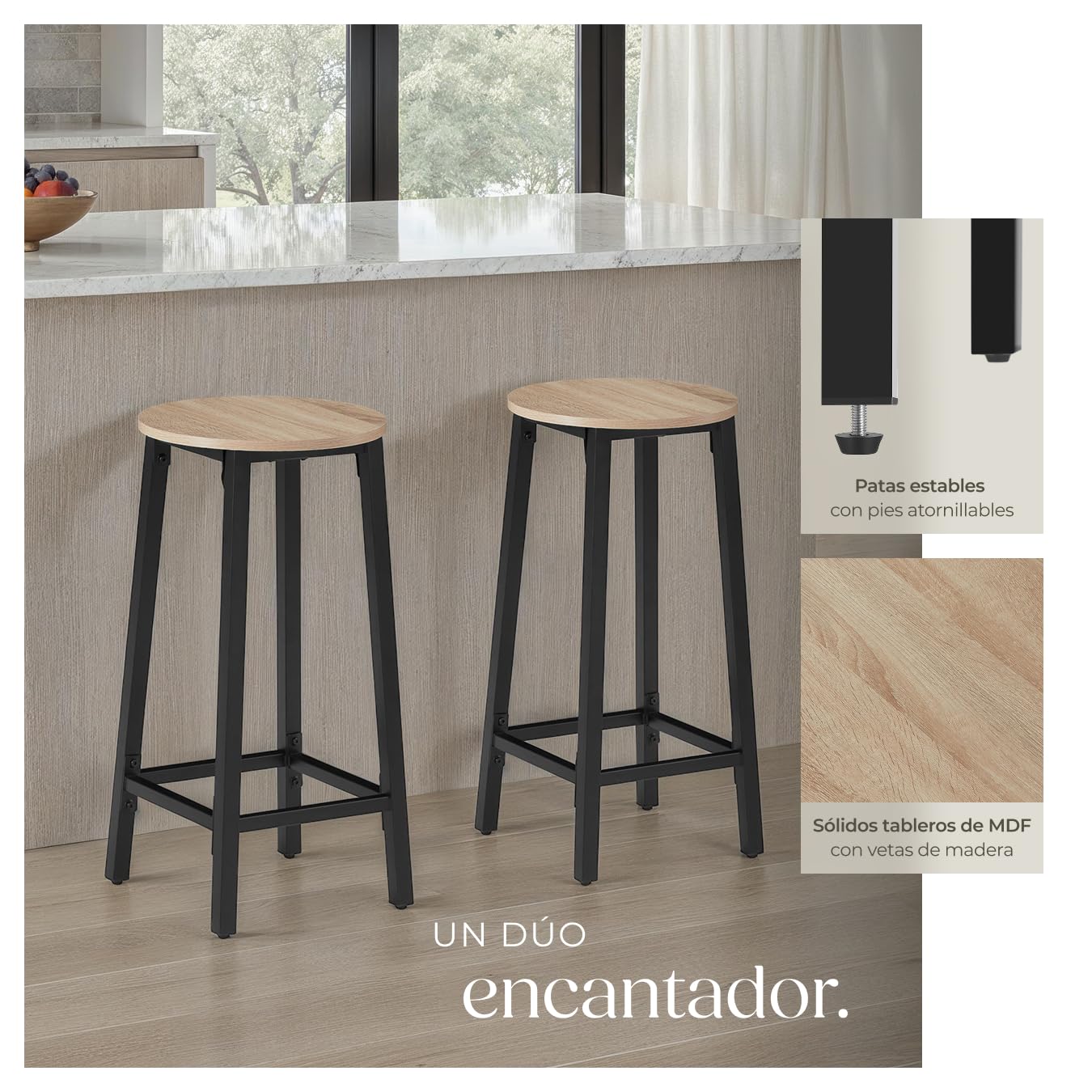 tectake® Juego de Taburetes de Bar con Estilo Industrial, para sillas Comedor, Taburete Alto Cocina, sillas de Comedor, Barra de Cocina - 32 x 32 x 66 cm Madera Industrial Clara, Roble Sonoma