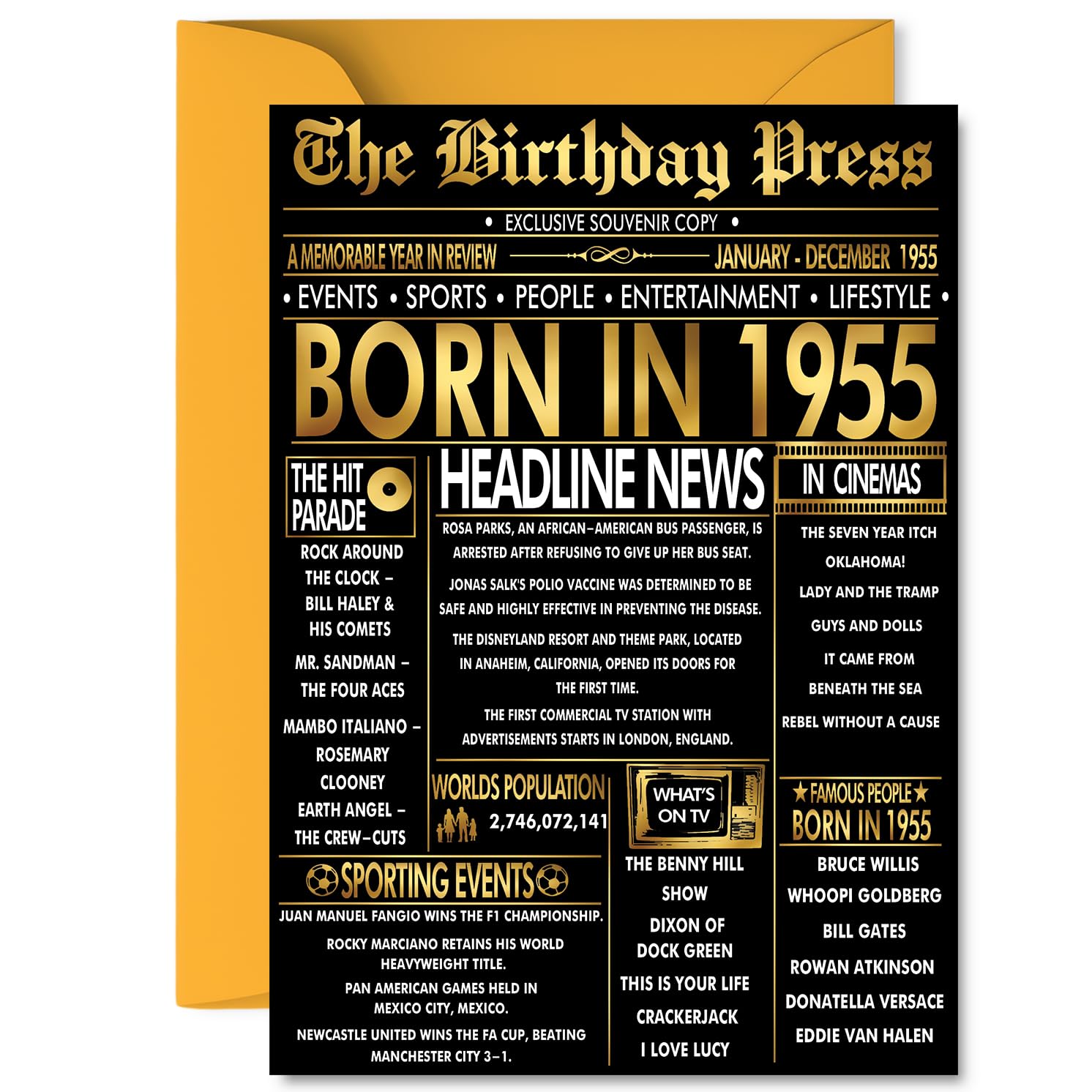 Gold 71st Birthday Card for Men Women - Black & Golden Newspaper Born in 1955 - Happy 71 Birthday Cards for Cousin Uncle Nanny Husband Wife Grandad, A5 Bday Greeting Cards