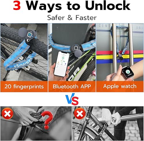 Miniatura 2 de Cerradura de cadena para bicicleta de huellas dactilares, resistente con Bluetooth, impermeable, biométrica, antirrobo, con bloqueo de cadena de 3.3