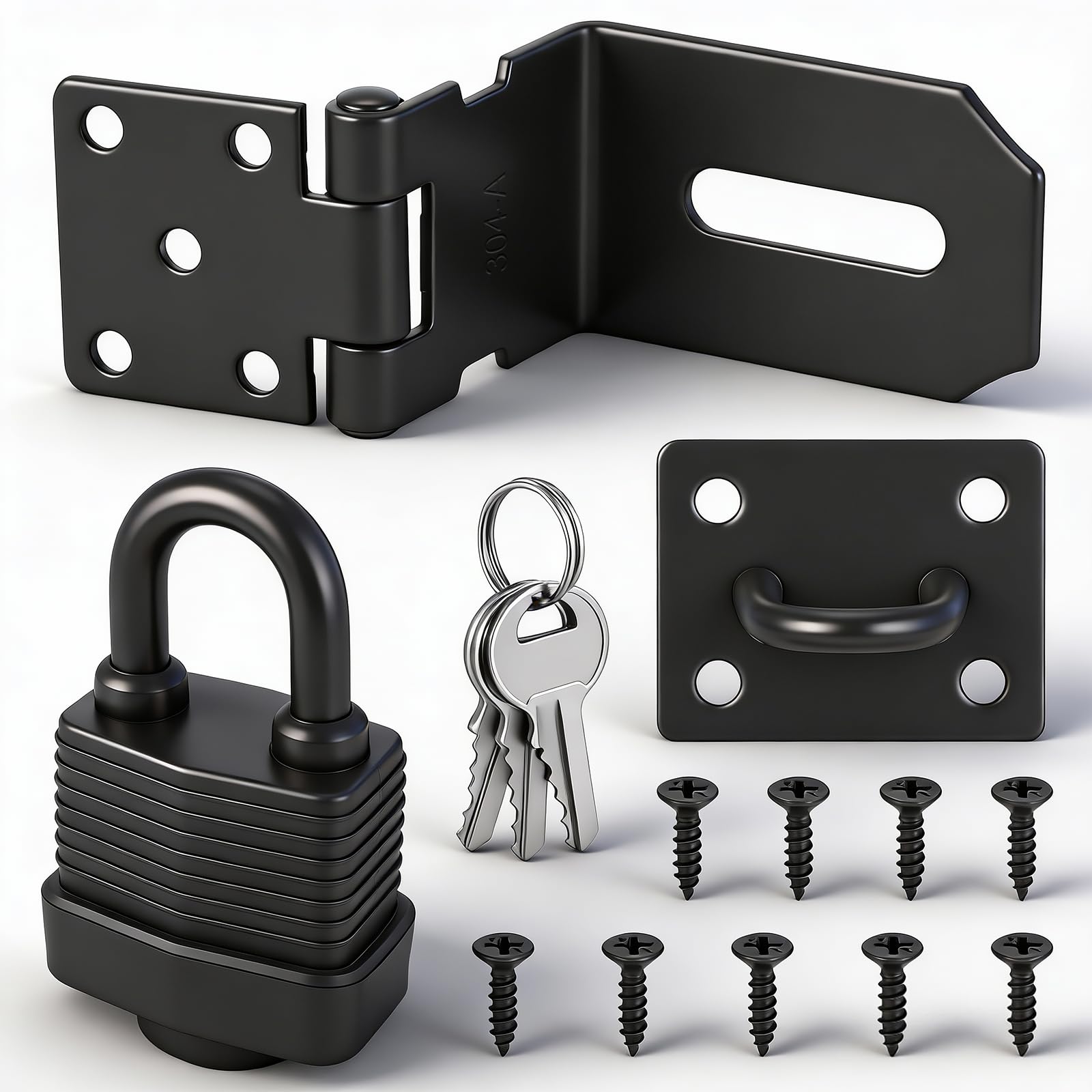 Door Hasp and Staple with Padlock, 90-Degree Door Lock with Keys and Screws, 4 Inch Stainless Steel Garden Gate Lock, Bedroom Door Lock Extra Security, Gate Lock for Shed Door Wooden Gate Storage Box — image 1