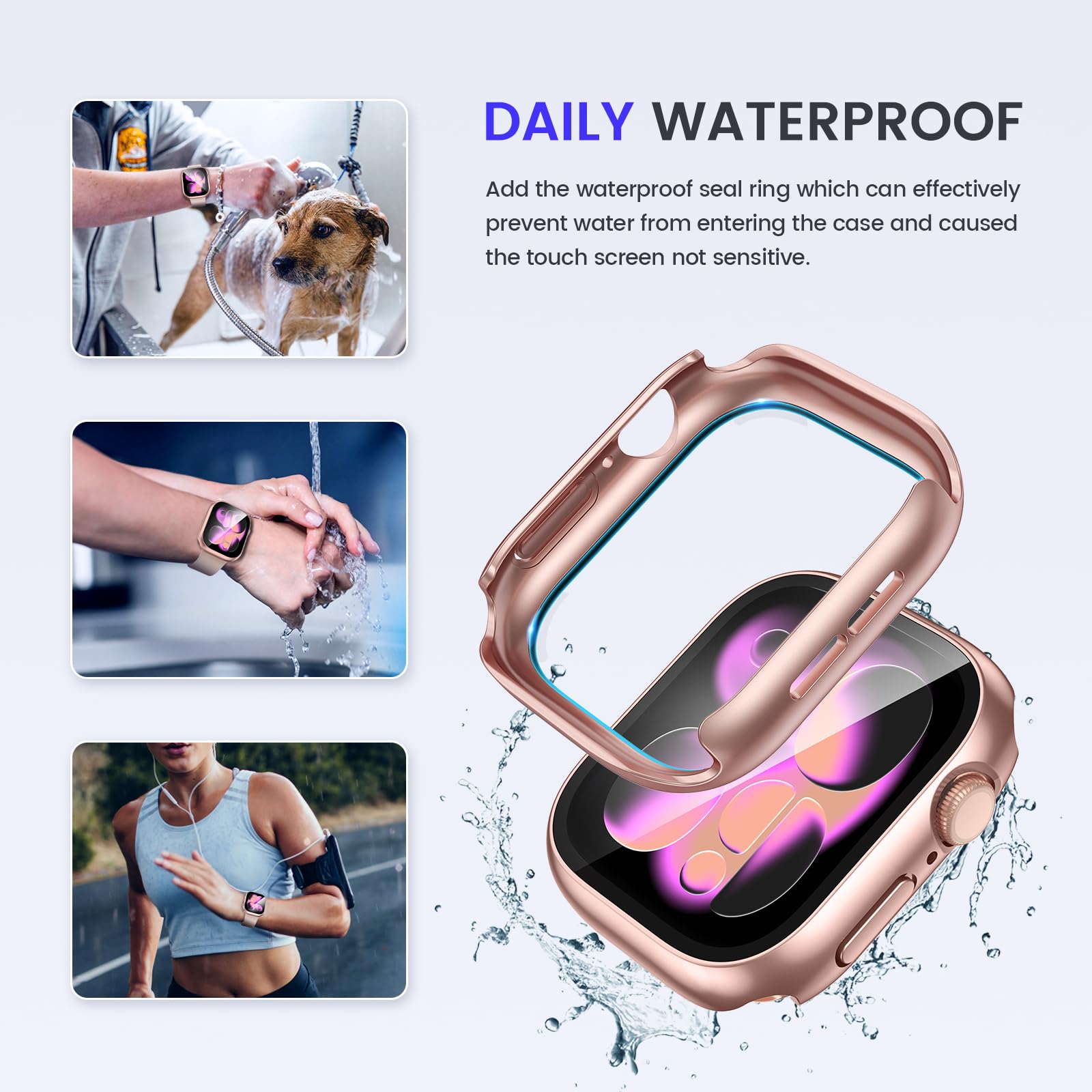 Kamita Wodoodporne etui kompatybilne z Apple Watch Series 10 42 mm z wbudowaną folią ochronną ze szkła hartowanego, twarde etui ochronne z poliwęglanu (różowe złoto)