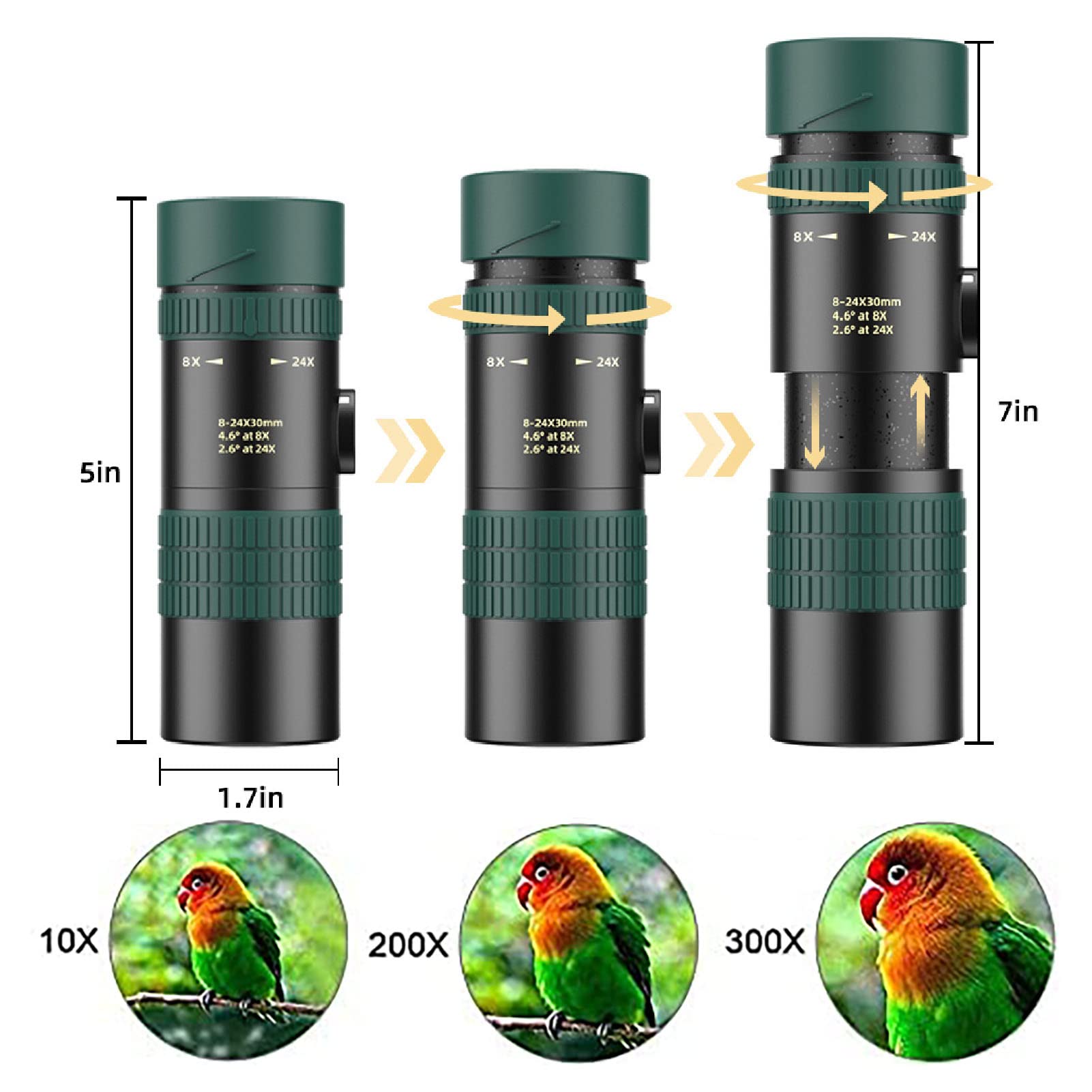 Teleskop monokularowy, profesjonalny 8-24 × 30mm BAK4 Zoom przenośny monokular ze statywem ze smartfonem do zwiedzania Camping piesze wycieczki
