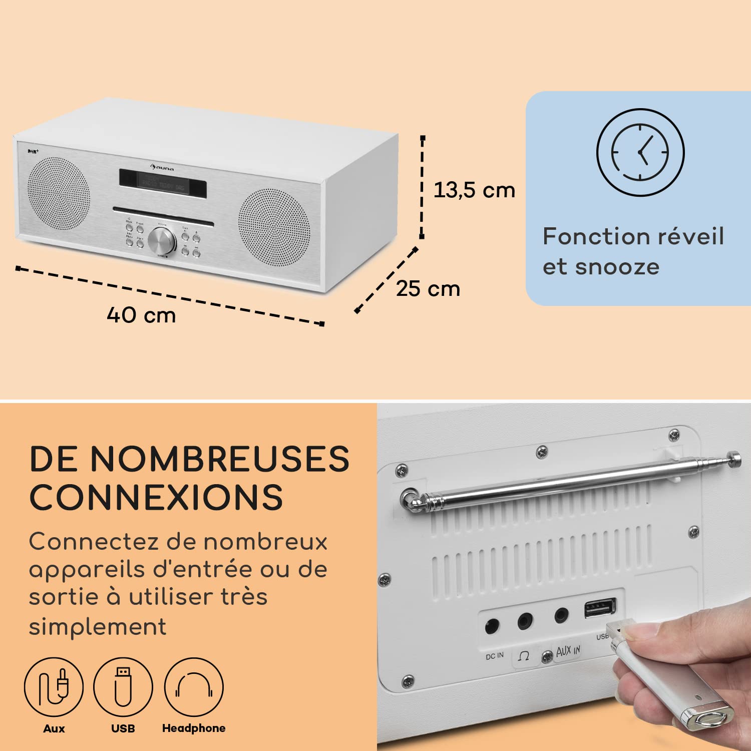 Auna Silver Star Radio Portable CD, Chaine HiFi, Poste Radio Numérique Dab/Dab+/FM et Streaming, Radio Portables Stéréo, Écran LCD, Radio FM, MP3, Port AUX, Alarme Reveil, Lecteur CD Bluetooth