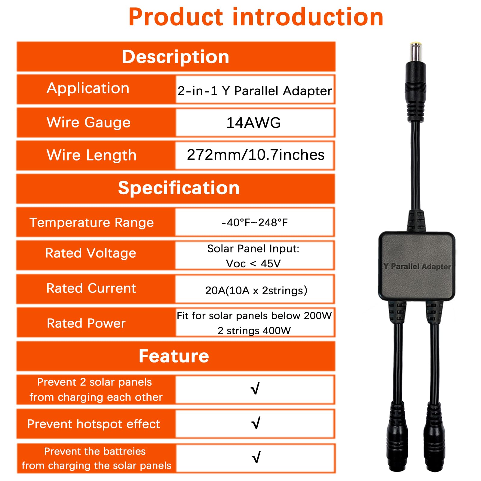 Kabel adaptera równoległego, 8 mm, solarny kabel łączący, gałąź Y, 27,2 cm, 10 A, 45 V, 300 W, ochrona przed prądem wstecznym, kompatybilny z Jackery