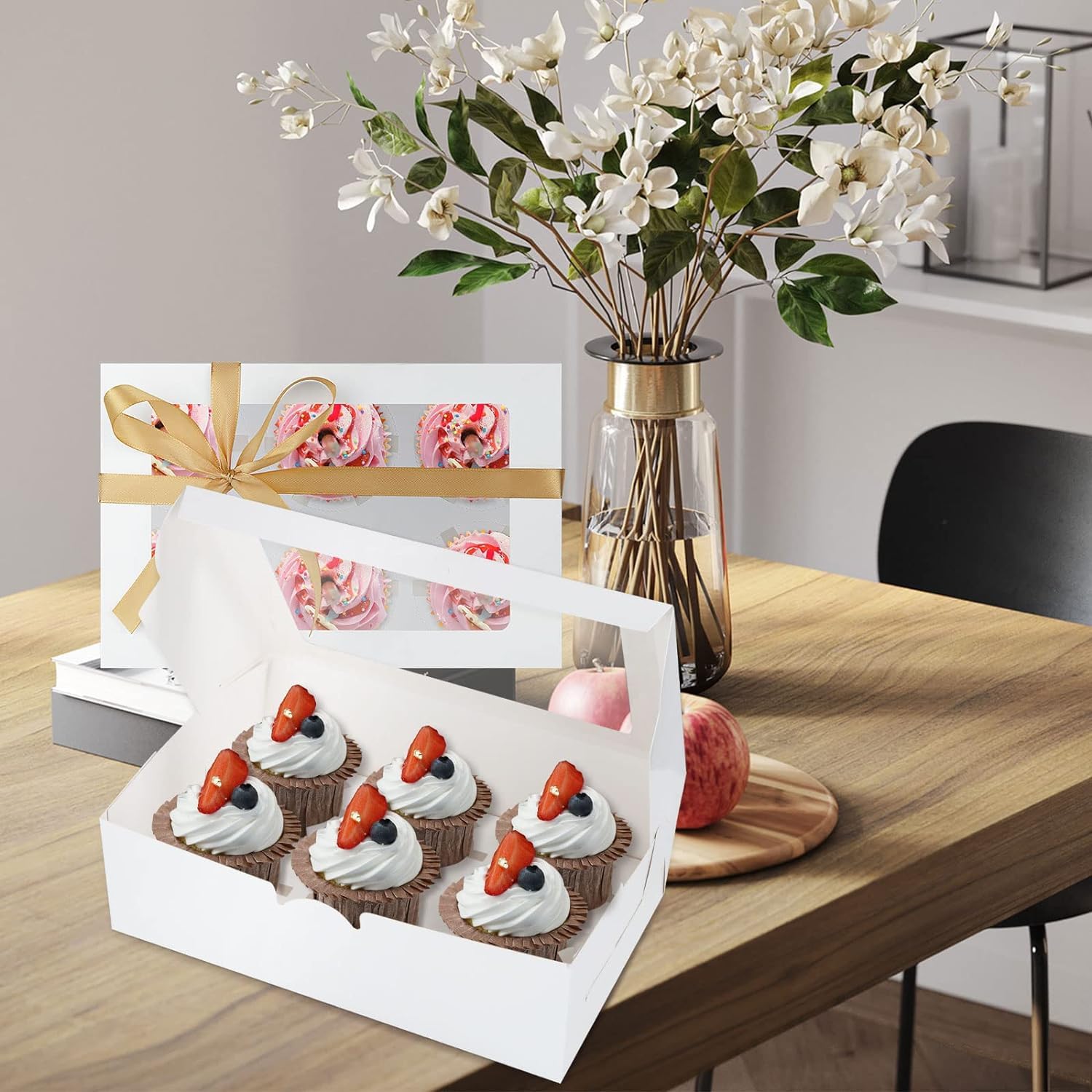 RHBLME Cupcake-Boxen, 6 Stück, mit transparentem Fenster, 23,6 x 15,7 x 7,4 cm, halbes Dutzend Cupcake-Boxen, Einweg, Lebensmittelqualität, Cupcake-Behälter für Cupcakes, Muffins, Kekse, Gebäck, Weiß,