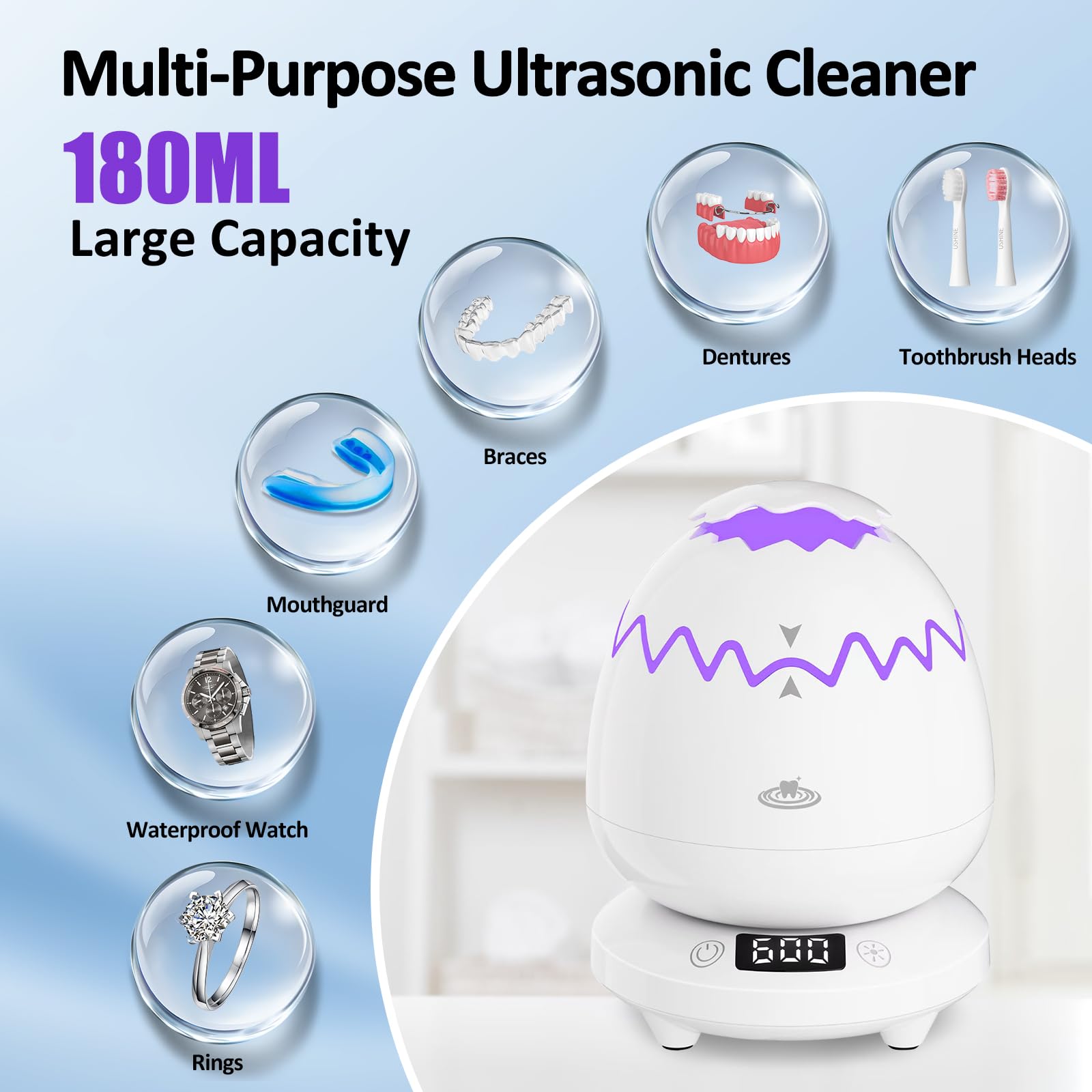 Macchina per la pulizia a ultrasuoni per protesi, capsula di pulizia dentale con timer digitale, 45 kHz/180 ML detergenti per protesi ad ultrasuoni impermeabili per allineatori, paradenti, parentesi
