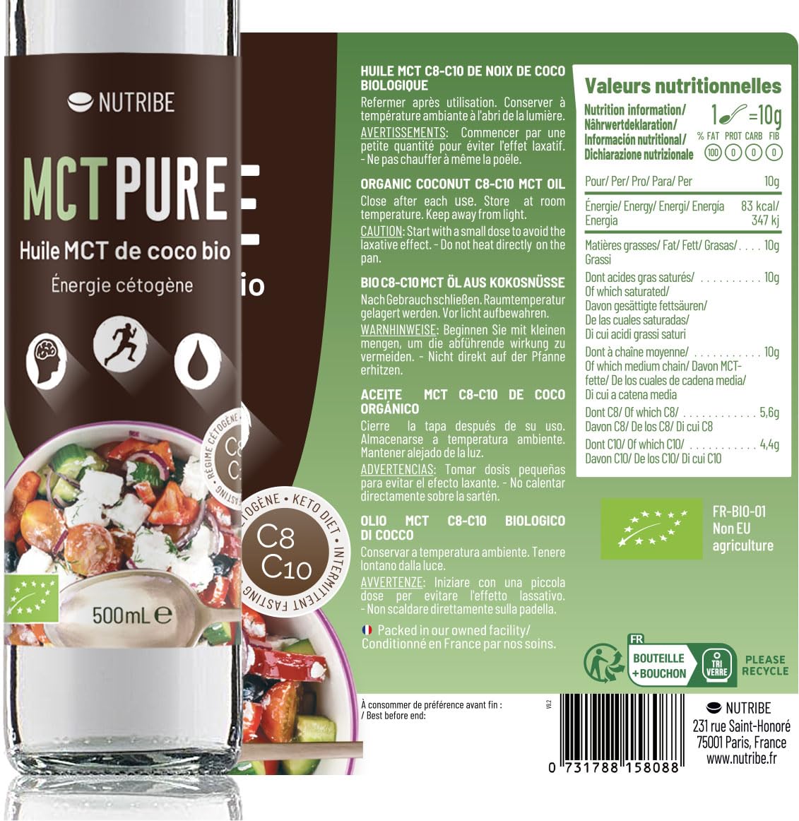 Nutribe MCT Pure Bio C8 e C10-100% Olio di Cocco, Formula Scientifica - Supporto Chetogenico, Perdita di Peso, Salute Cerebrale