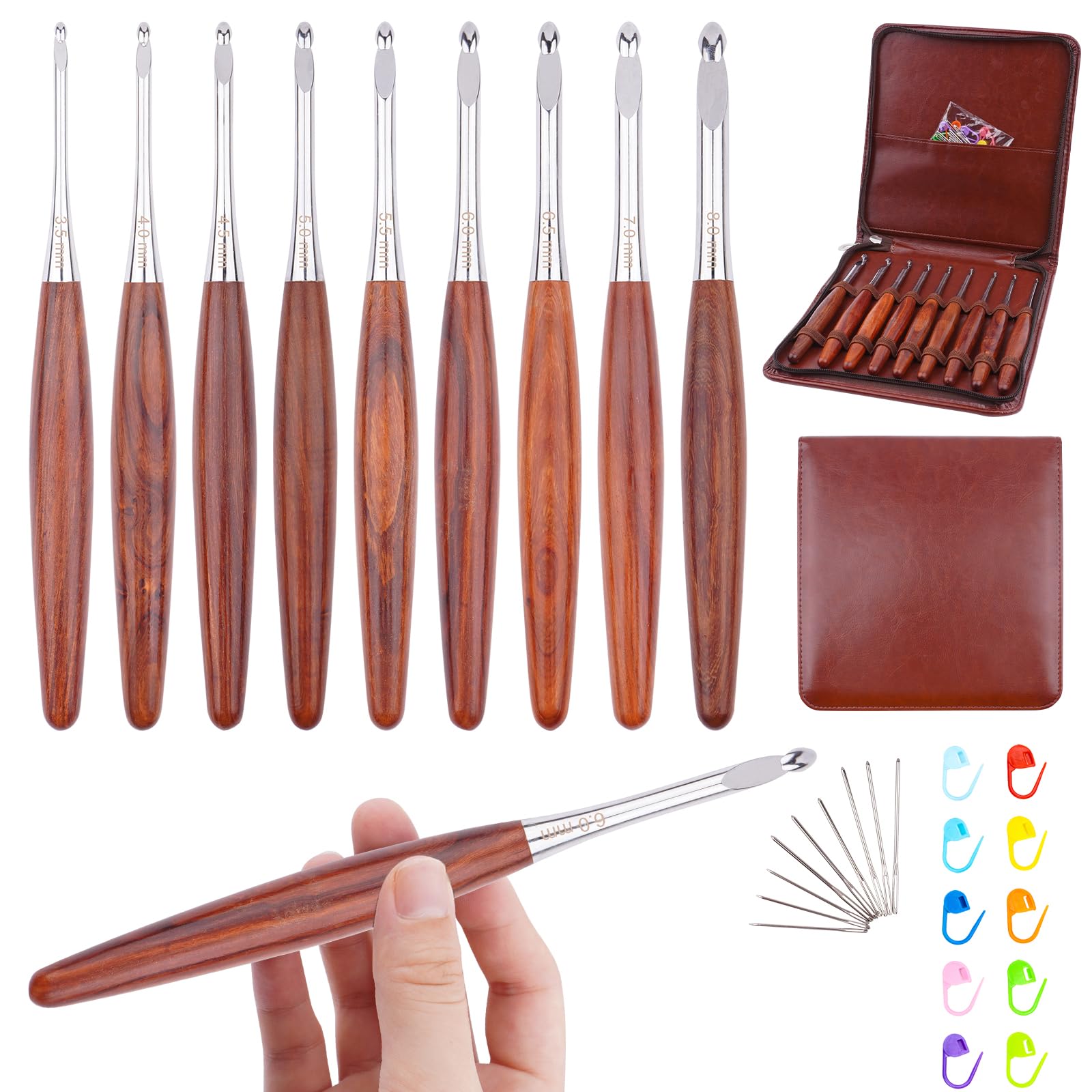 WAZAIGUR 9 Sizes Brown Wooden Smooth Grip Crochet Needles Beginner Kit Ergonomic Crochet Hooks Set with Case for Arthritic Hands (3.5mm-8mm)