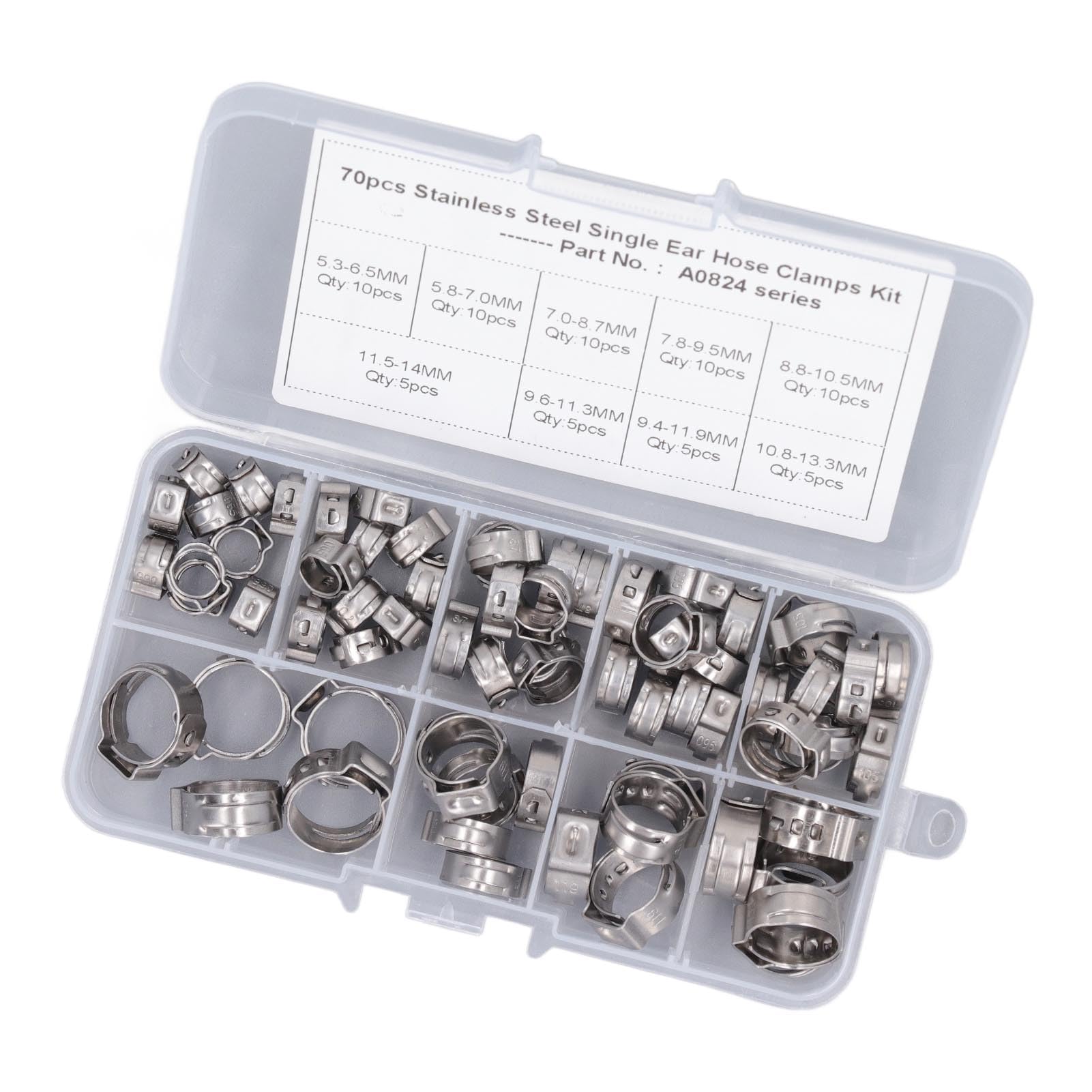 Kit de abrazadera de una sola oreja, 70 piezas de abrazadera de manguera de una sola oreja, kit de abrazadera de manguera de acero inoxidable sin escalonamiento, 9 especificaciones, kit surtido de