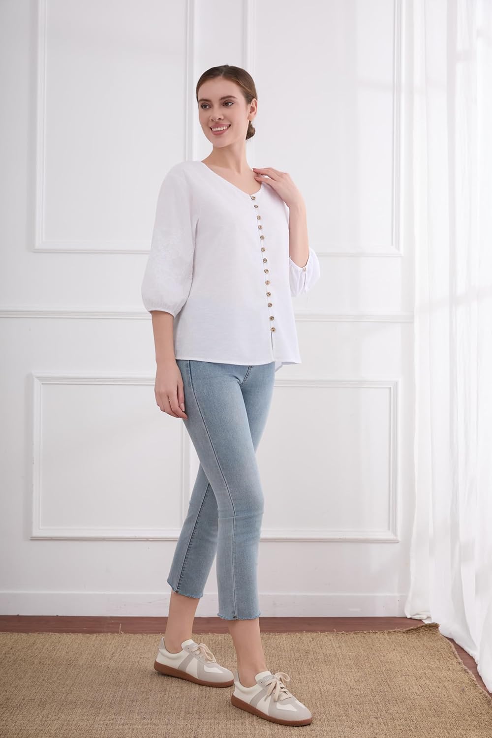 Minibee Women's Cotton Linen Shirts 3/4 Length Sleeve Tops V Neck Button Down Embroidered Blouses - Image 6