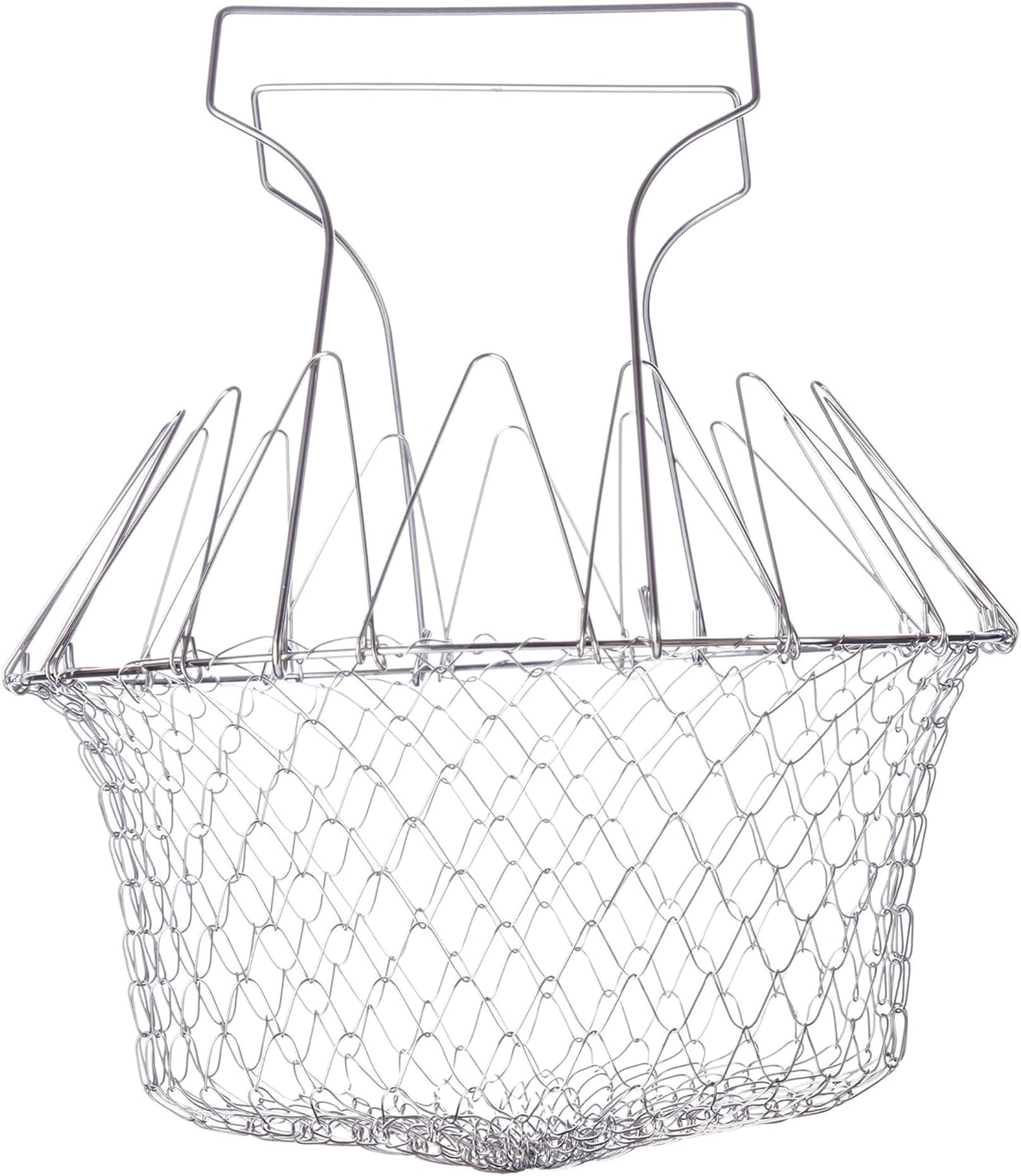 Sulfar Foldable Stainless Steel Chef Frying Basket is Multifunctional Cooking, Mesh, Steaming, Rinse, deep Fried, Washing Fruits, Vegetables and Foods, Basket net Strainer for Kitchen Use (Pack of 1)