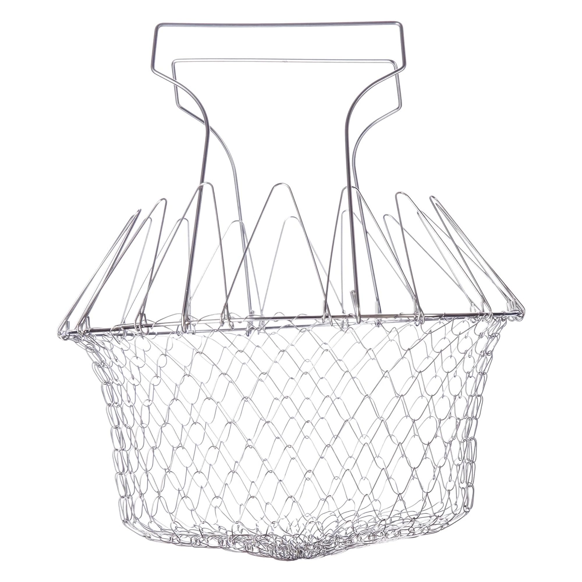 Sulfar Foldable Stainless Steel Chef Frying Basket is Multifunctional Cooking, Mesh, Steaming, Rinse, deep Fried, Washing Fruits, Vegetables and Foods, Basket net Strainer for Kitchen Use (Pack of 1)