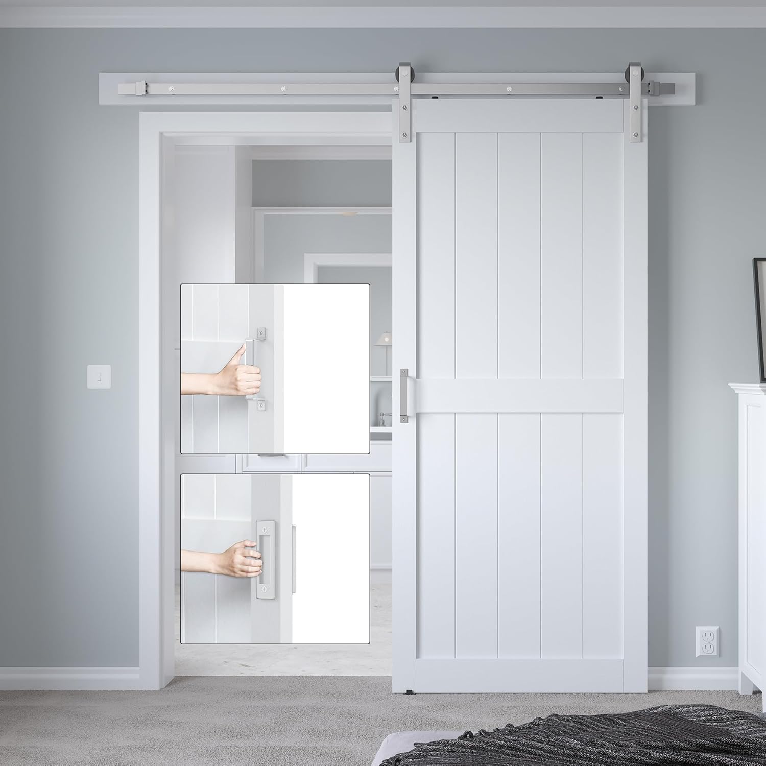 36in x 84in White Sliding Barn Door with 6.6ft Brushed Nickel Hardware Kit & Handle, Pre-Drilled Holes Easy Assembly -Solid Barn Door Slab Covered with Water-Proof PVC Surface, H-Frame