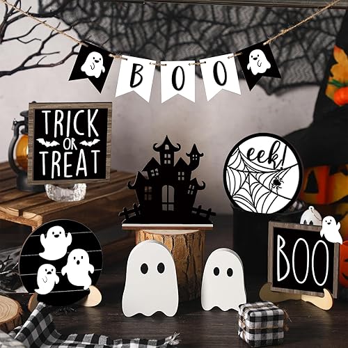 Miniatura 2 de Umigy Juego de 15 piezas de decoración de bandejas escalonadas de Halloween, lindas decoraciones de bandeja de fantasma, letreros de madera de