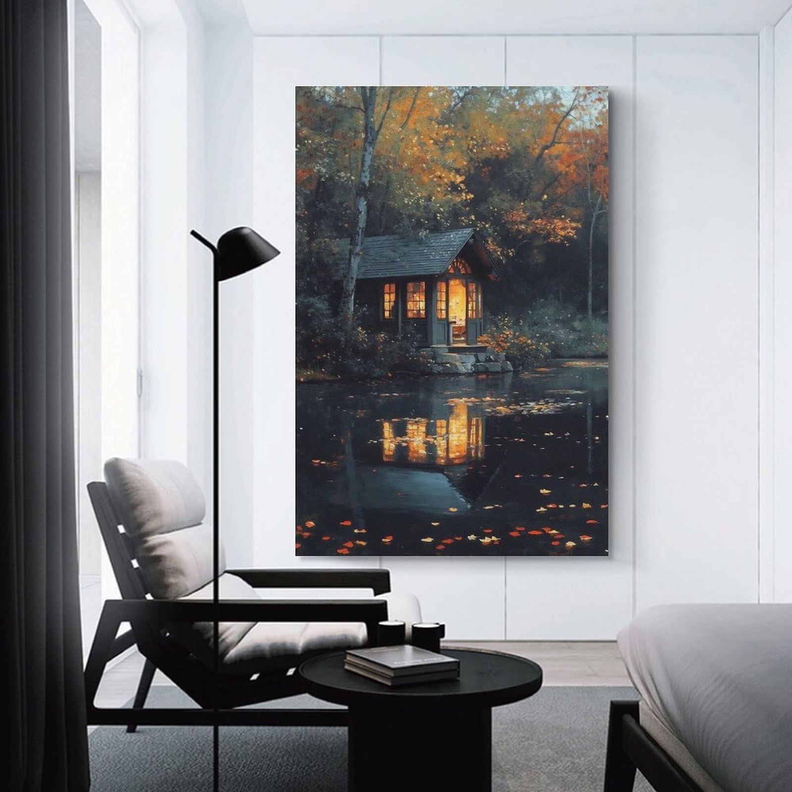 Junmoney Unframe-Style-17 Decorative Wall Artwork Autumn Cabin By The Lake, 24X36inch(60X90cm), For Contemporary Homes, Apartments Or Offices, An Easy Choice For New Home Styling