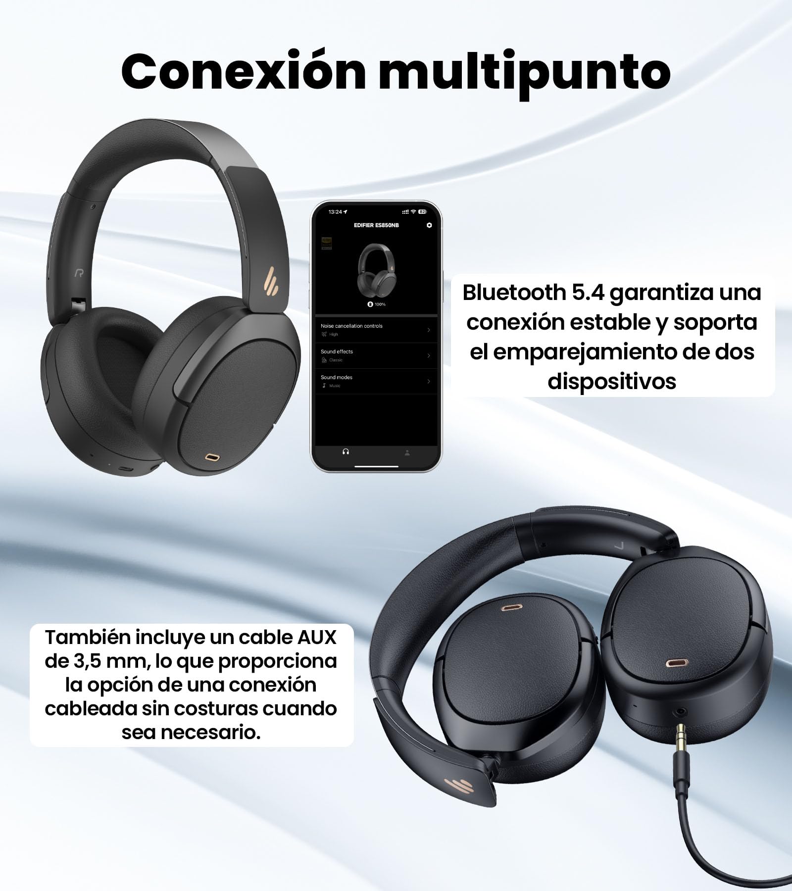 Edifier W80 Over Ear Headphones with -49dB Active Noise Cancelling, LDAC Hi-Res Wired & Wireless, AI Clear Call, Carga rápida, Conexión multipunto, Bluetooth V5.4 - Negro