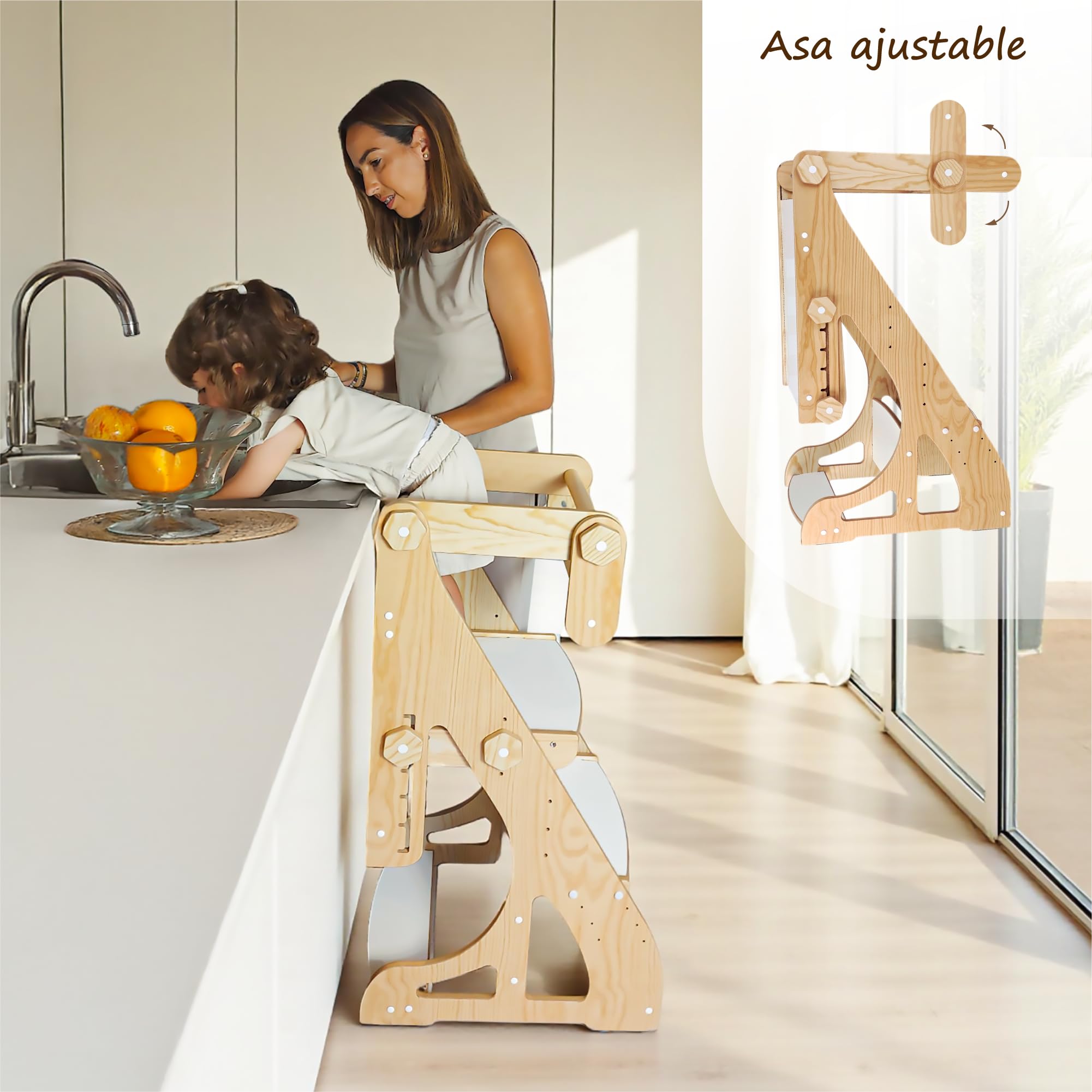 Torre Montessori 4 en 1 para niños – Torre de Aprendizaje, Mesa con Silla, Pizarra Infantil y Silla Evolutiva Ajustable – Madera Segura, 2 a 9 años (Pino)