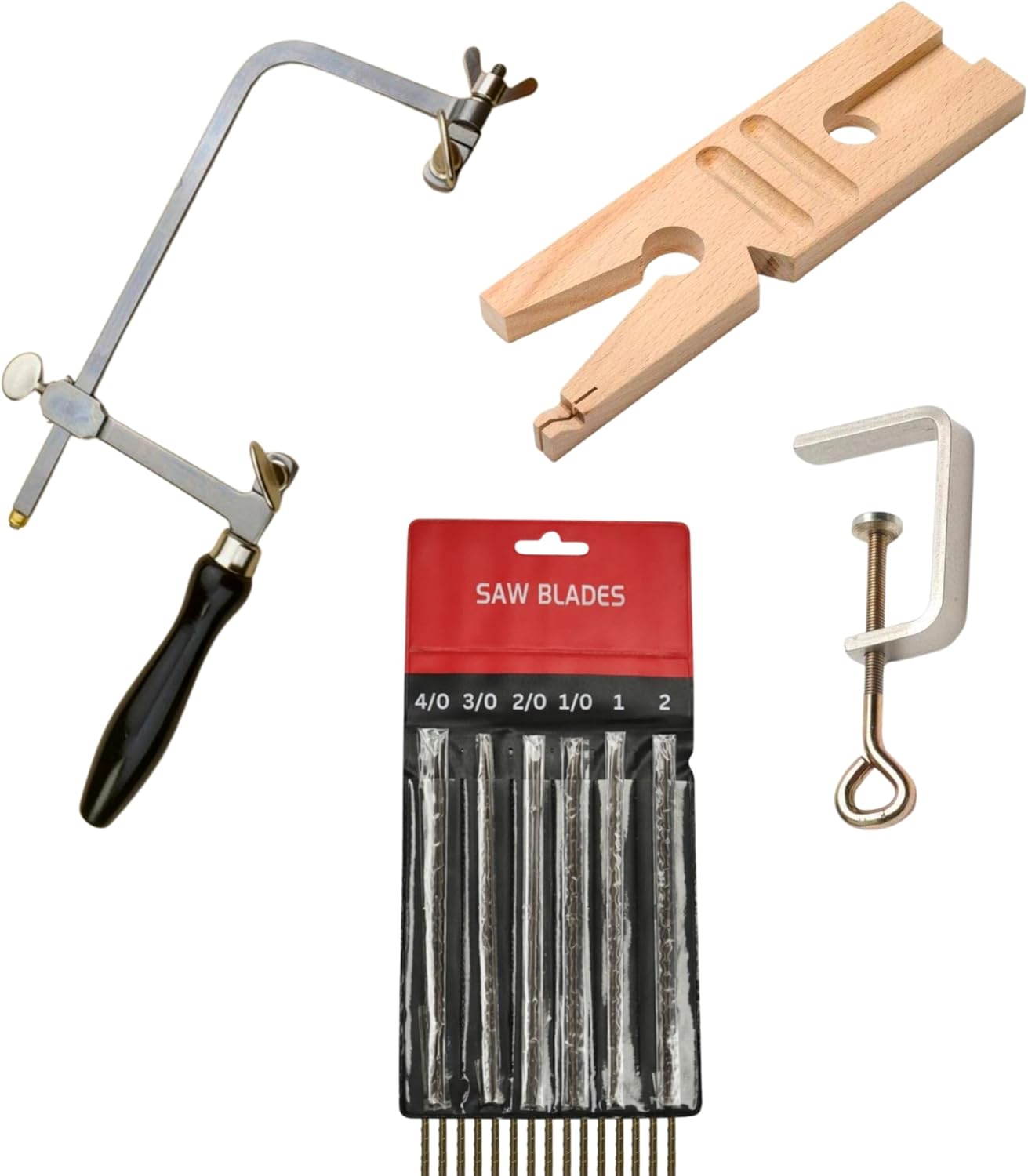 Jewelers Saw Frame Adjustable with 144 Blades and V Slot Bench Pin with Clamp Set for Jewelry Making Metal Wood Cutting Tool