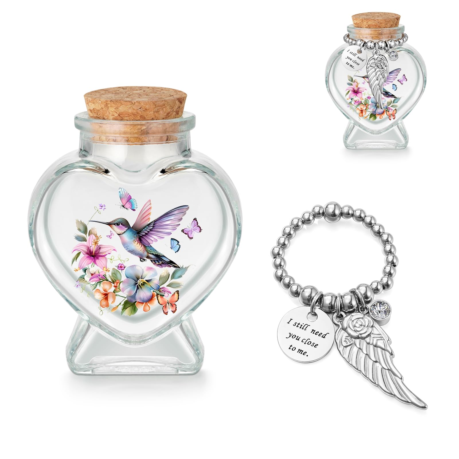 SOITIS 2.91 Inch Heart-Shaped Glass Urn with Elegant Beads - Decorative Memorial Urn for Ashes, Keepsake Cremation Holder, Funeral Decoration,