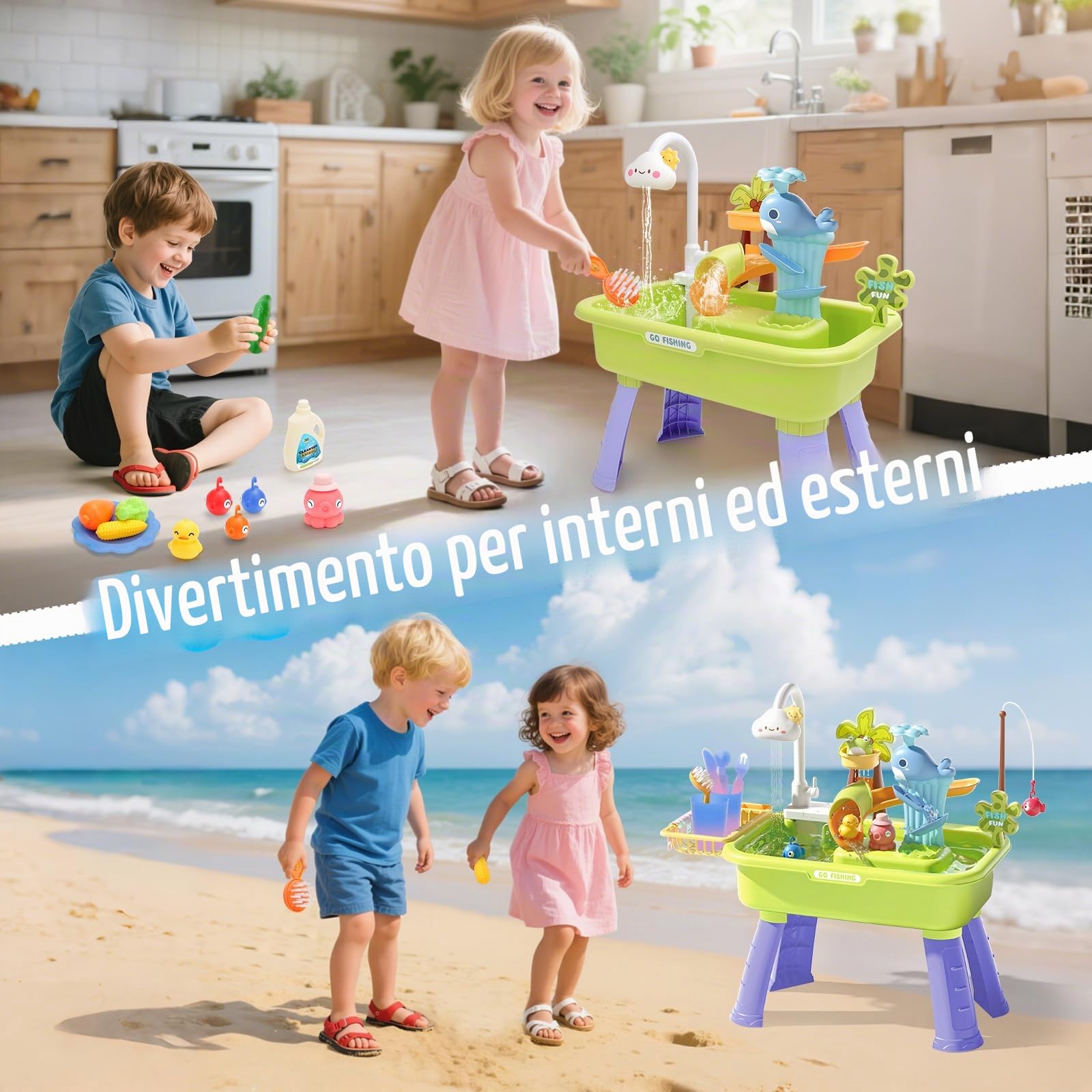 deAO Lavandino Giocattolo Bambini 4 in 1 con Rubinetto Funzionante, 3+ Anni | Tavolo Acqua/Sabbia, Cucina, Pesca, BPA-Free, per Interno/Esterno, Giardino, Spiaggia, Gioco Educativo, Regali per Bambini