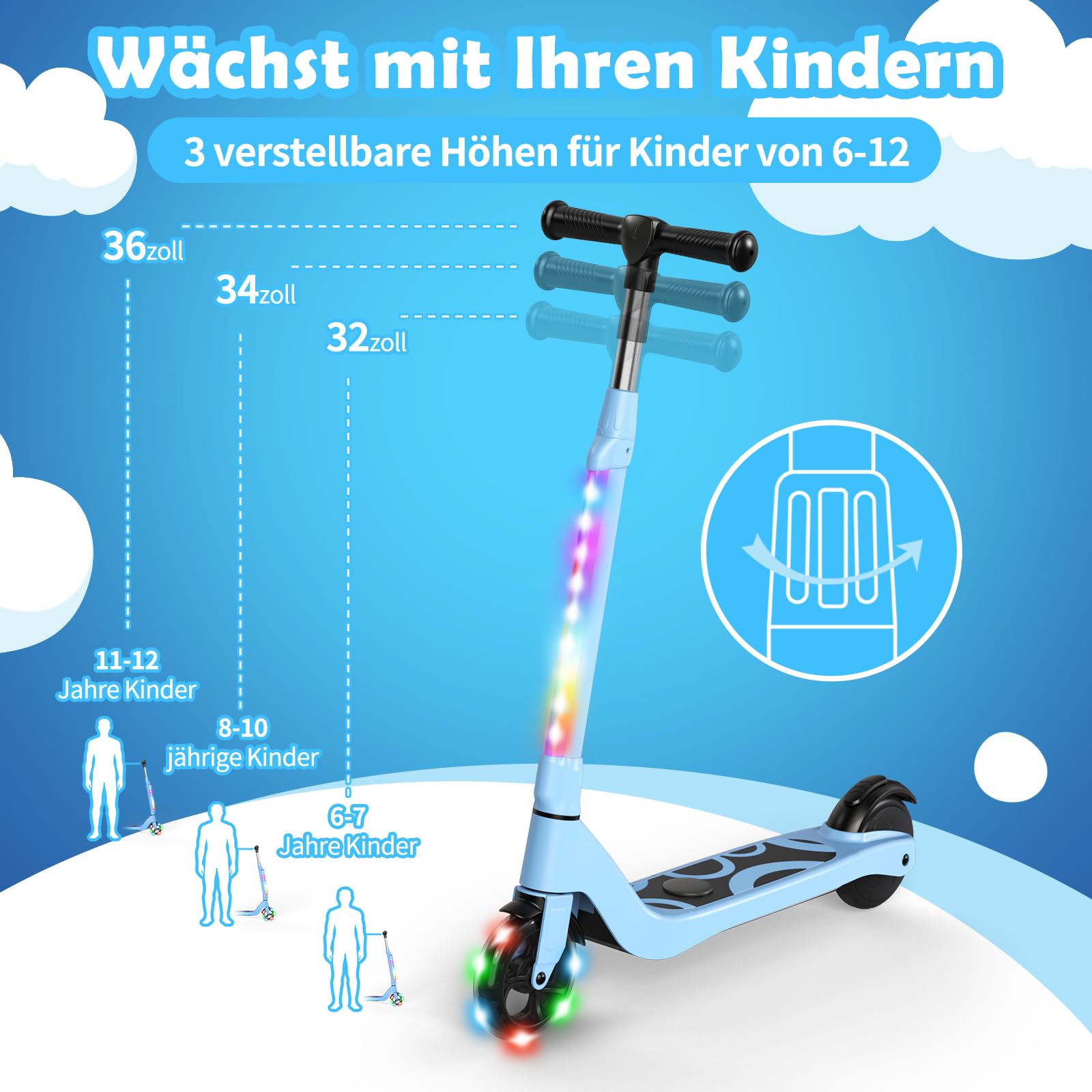 SISIGAD E Scooter Kinder für 6-12 Jahre, E Roller Kinder 5.3 Zoll Kinderroller mit Blinkende LED-Leuchten & 3 Einstellbare Höhe, Elektroroller Kinder Max 10km/h, 45W Motor, Maximale Belastung 70kg