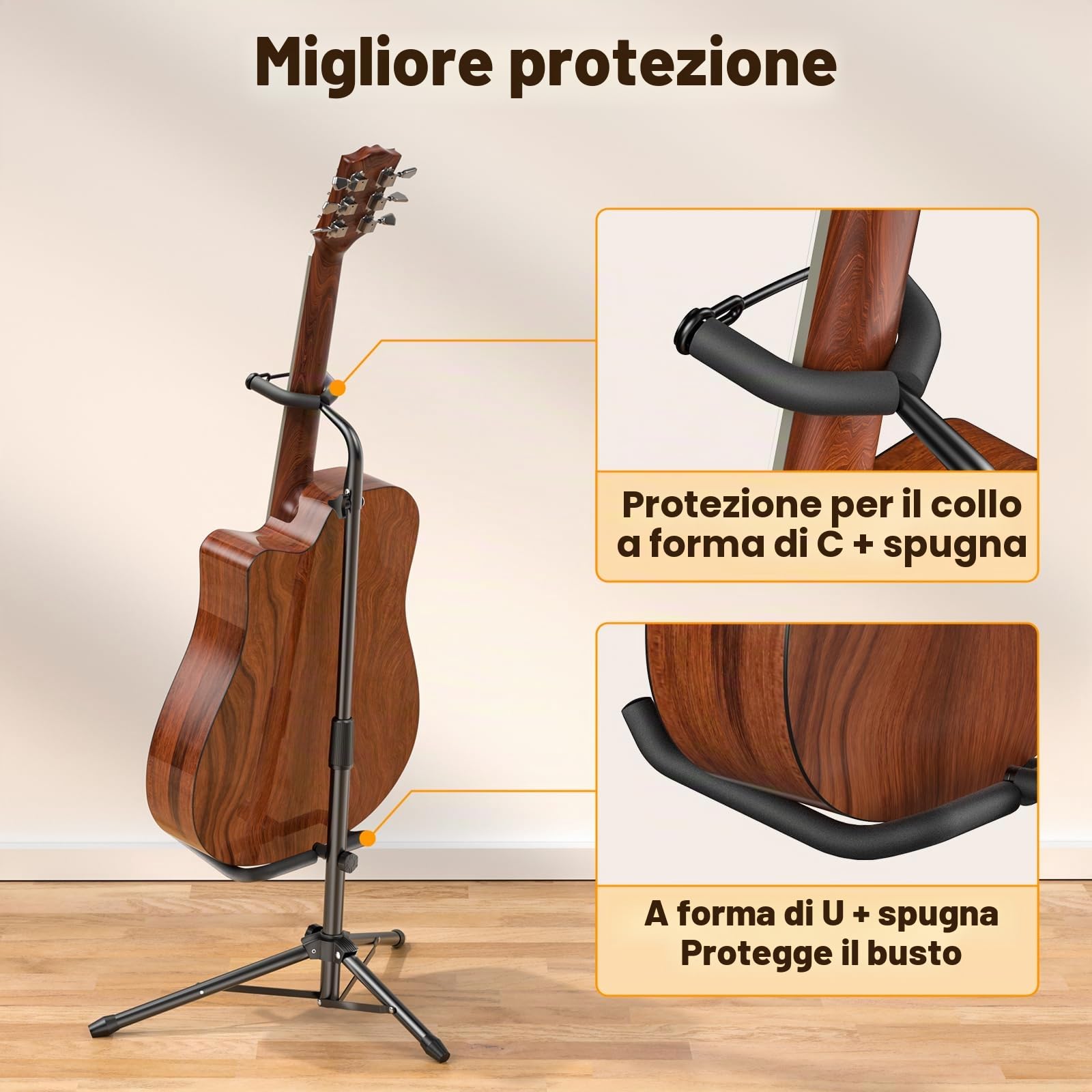 New Bee Porta Chitarra da Terra Pieghevole Regolabile Supporto Chitarra 80-93CM Stand Shitarra con Chitarra Elettrica, Chitarra Acustica, Basso, Liuto, Ukulele (1 Pezzi)