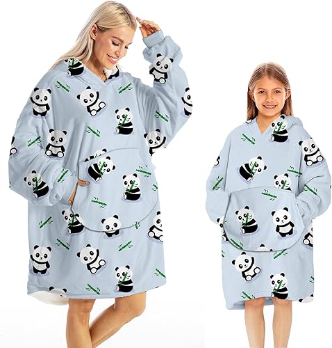 Darrenvan Manta con capucha para niños manta de sherpa cómoda de gran tamaño para adolescentes, manta con capucha de bolsillo gigante, panda morado