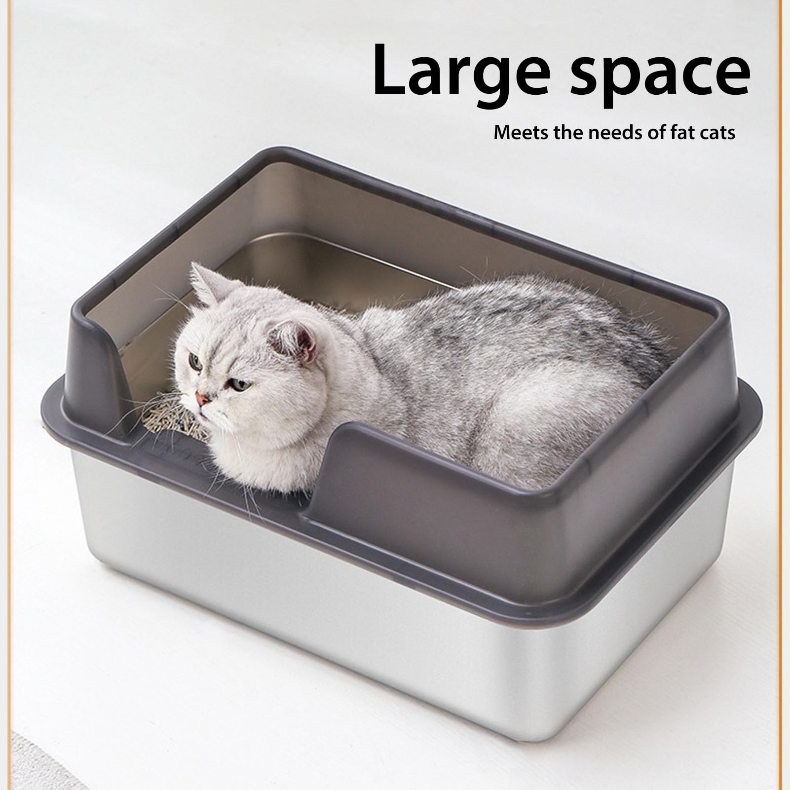 KMNSUN Grote kattenbak, XXL, open roestvrijstalen kattentoilet, toilet voor grote katten en grote konijnen, 1.4301 roestvrij staal, plakt niet aan resten, trekt geen geuren aan, gemakkelijk te