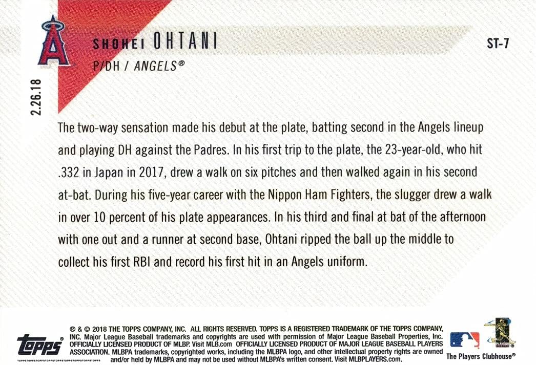 2018 Topps Now Baseball #ST-7 Shohei Ohtani Rookie Card - RBI Single in Spring Training Hitting Debut