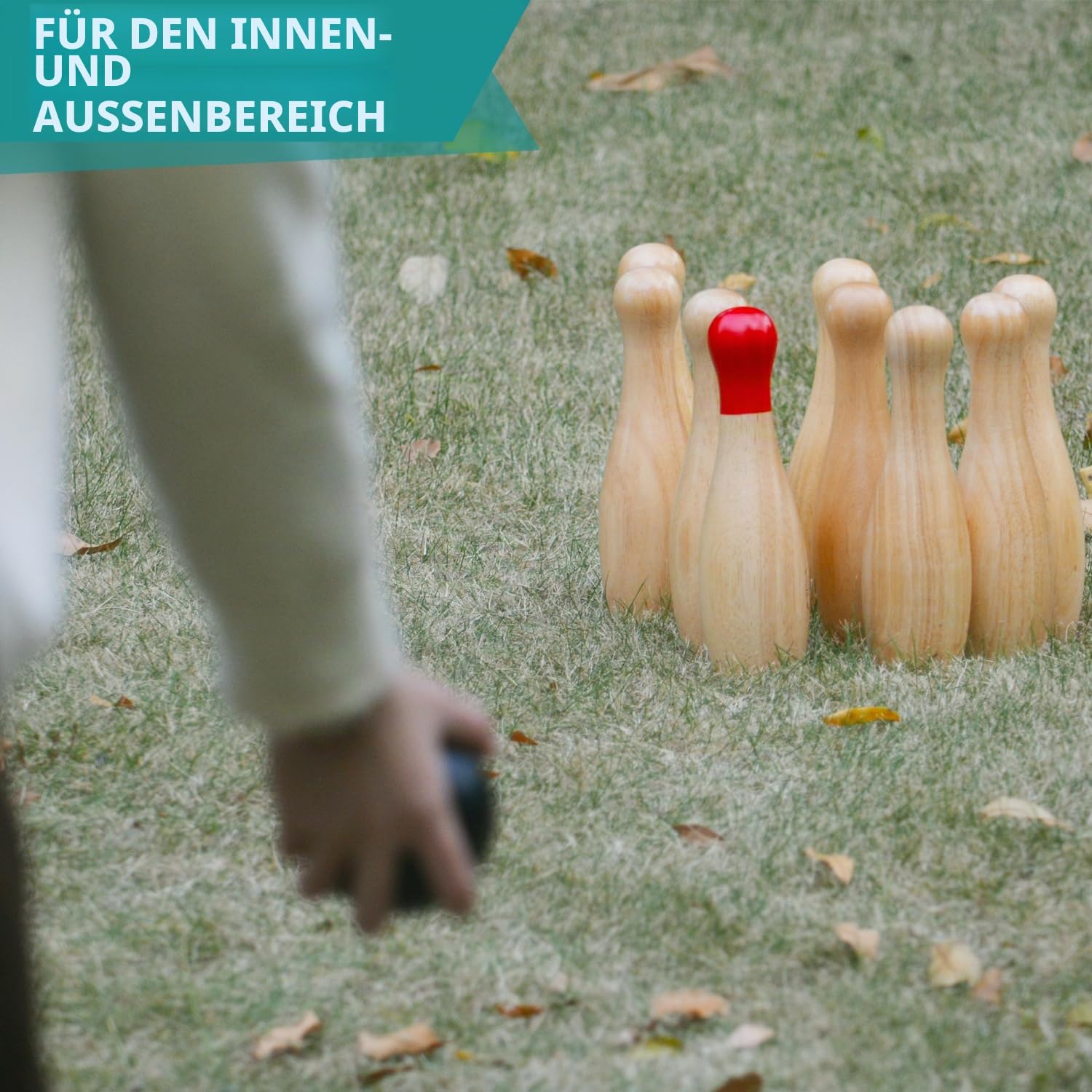 Bowlingspiel aus Holz, Wurfflaschen, Rasen-Spiel für die Familie, Spiel-Set mit Tragetasche (H 26 cm, 10 Stifte + 3 Bälle)