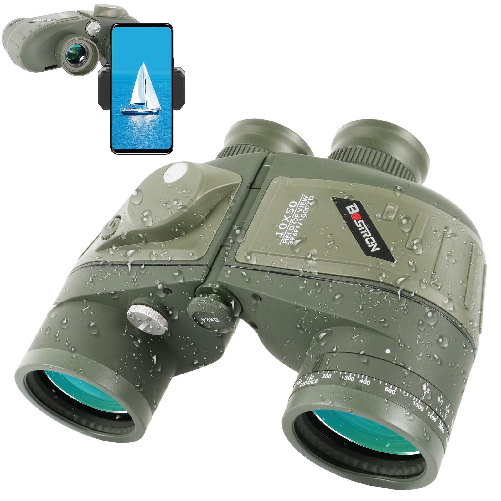BOSTRON 10X50 Marine Binoculars with Compass Rangefinder,Phone Adapter,Strap,BAK4 FMC Lens,Shockproof Military IPX7 Waterproof Floating Binoculars for Adults Sailing Hunting Bird Watching