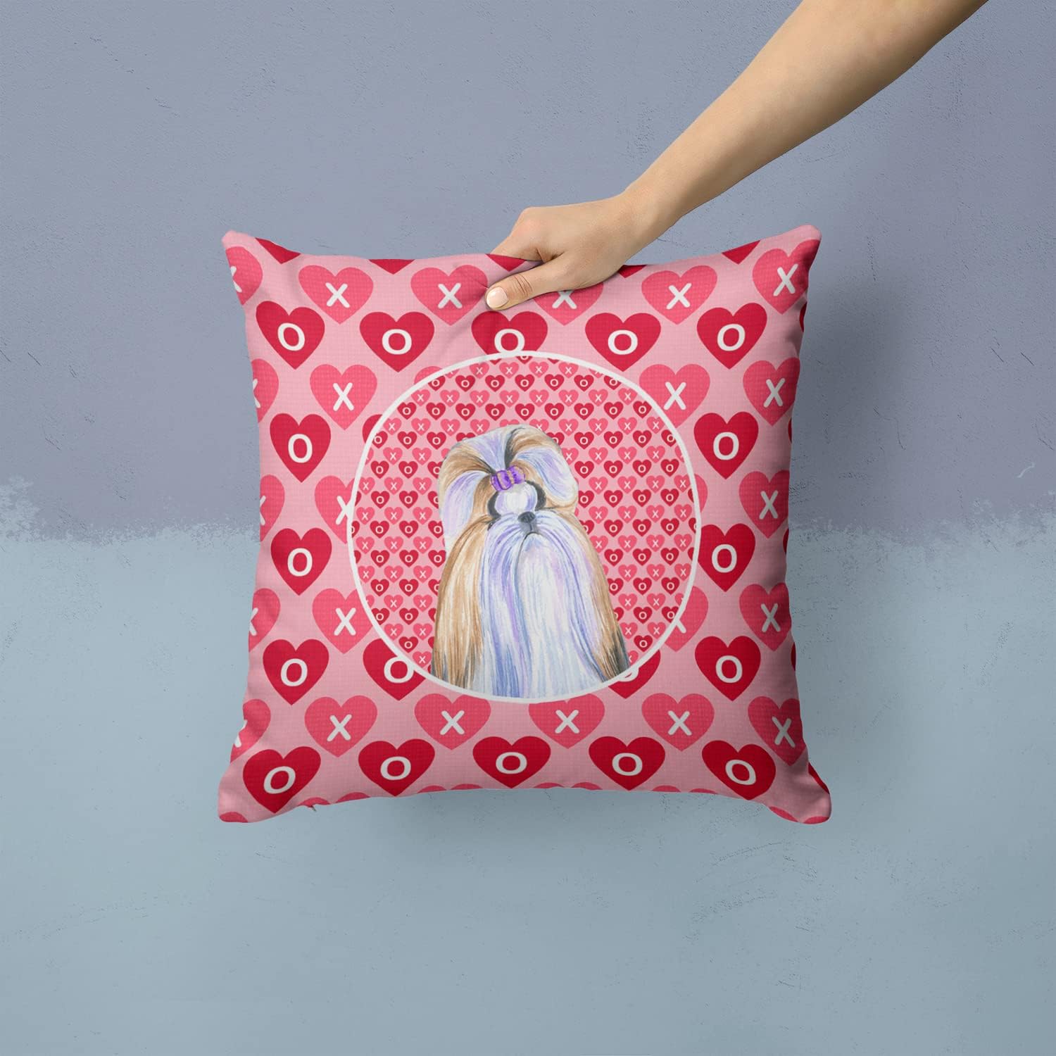 Caroline's Treasures SS4465PW1414 Shih Tzu Hearts Love and Valentine's Day Portrait Fabric Decorative Pillow Machine Washable, Indoor Outdoor Decorative Pillow for Couch, Bed or Patio, 14Hx14W