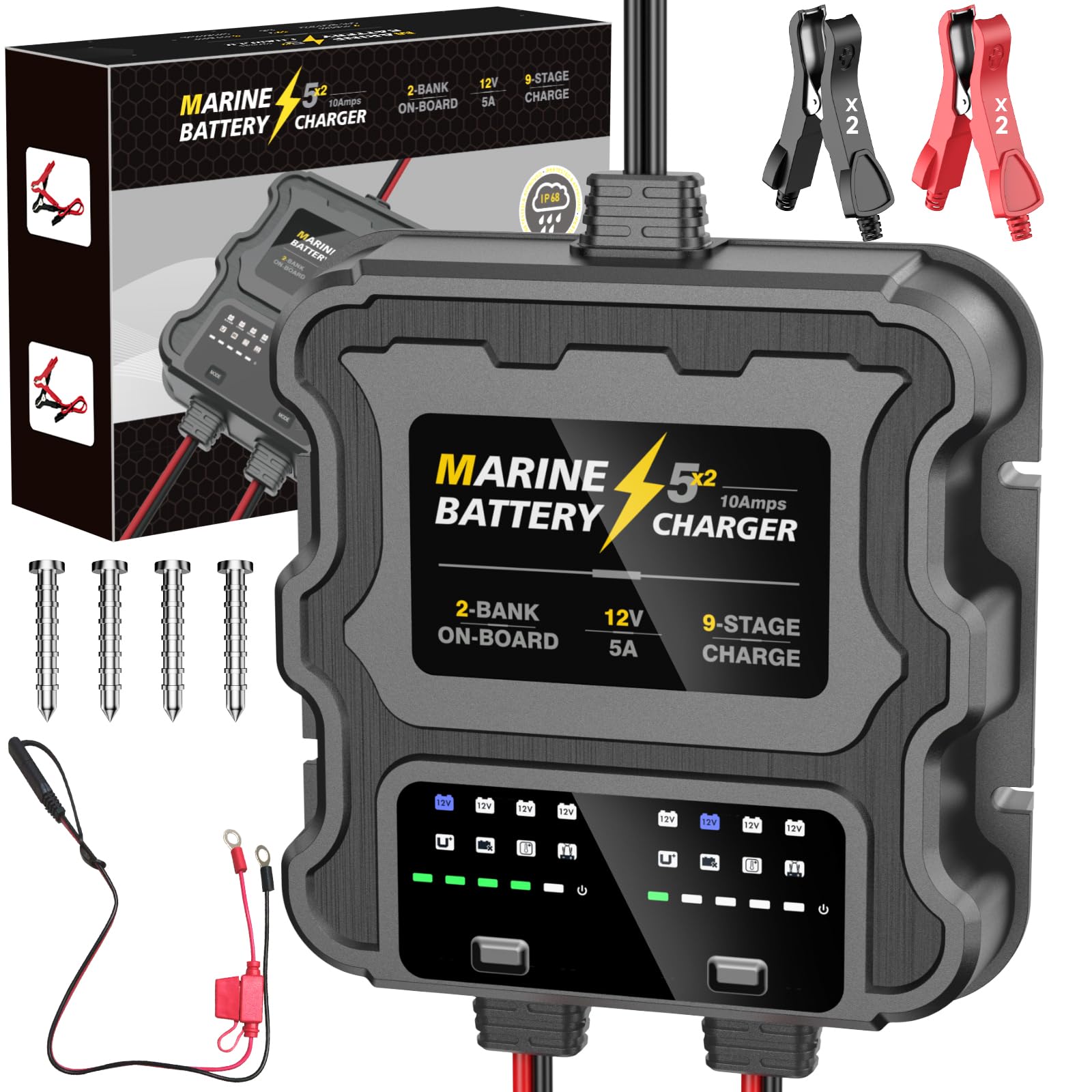 Smart 2 Bank Marine Battery Charger, 10A (5A/Bank), 12V,Waterproof,lifepo4 Lithium Battery Charger Maintainer and Desulfator for AGM, Lithium,Deep-Cycle Batteries Boat Accessories