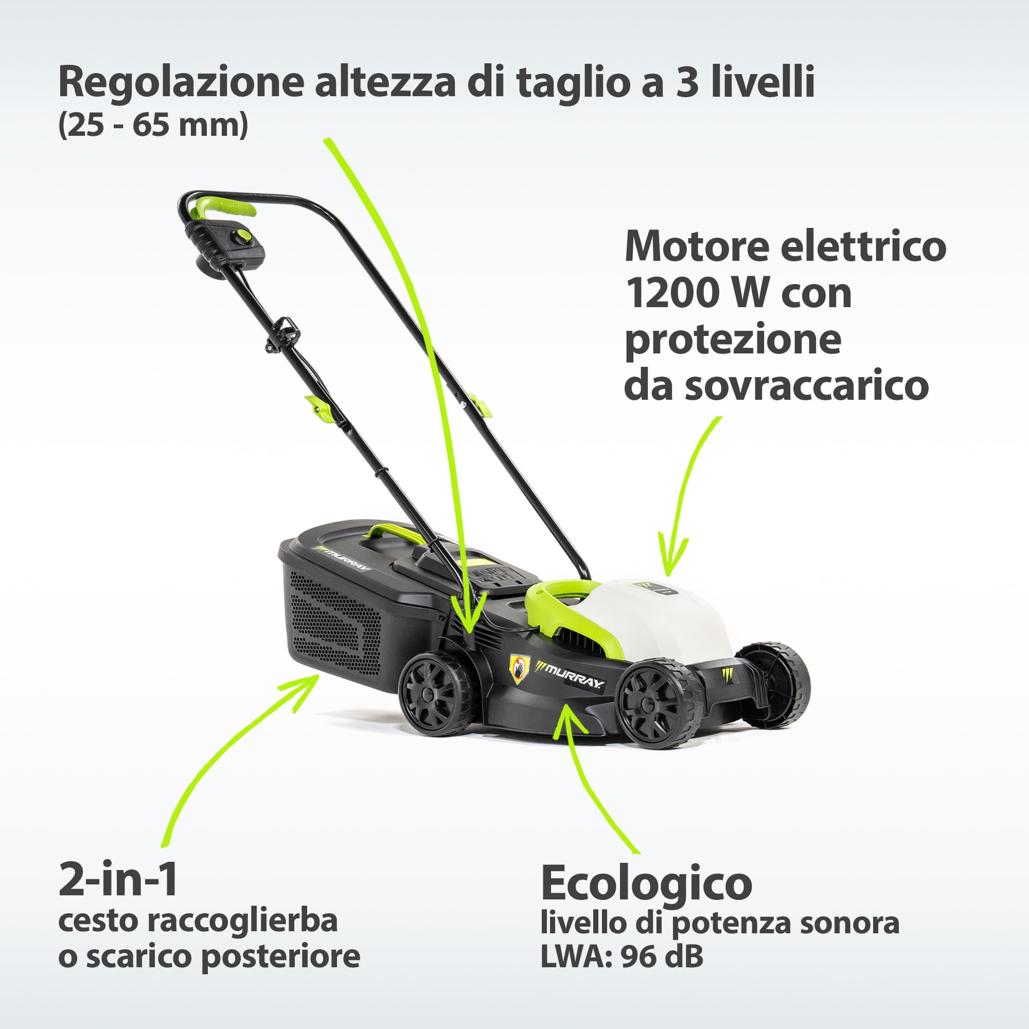 Murray Tosaerba Elettrico 2-in-1 LE320E – Compatto 1200W/32cm con Cesto Raccoglierba da 27L per Piccoli Giardini – Impugnatura Ergonomica e Protezione da Sovraccarico