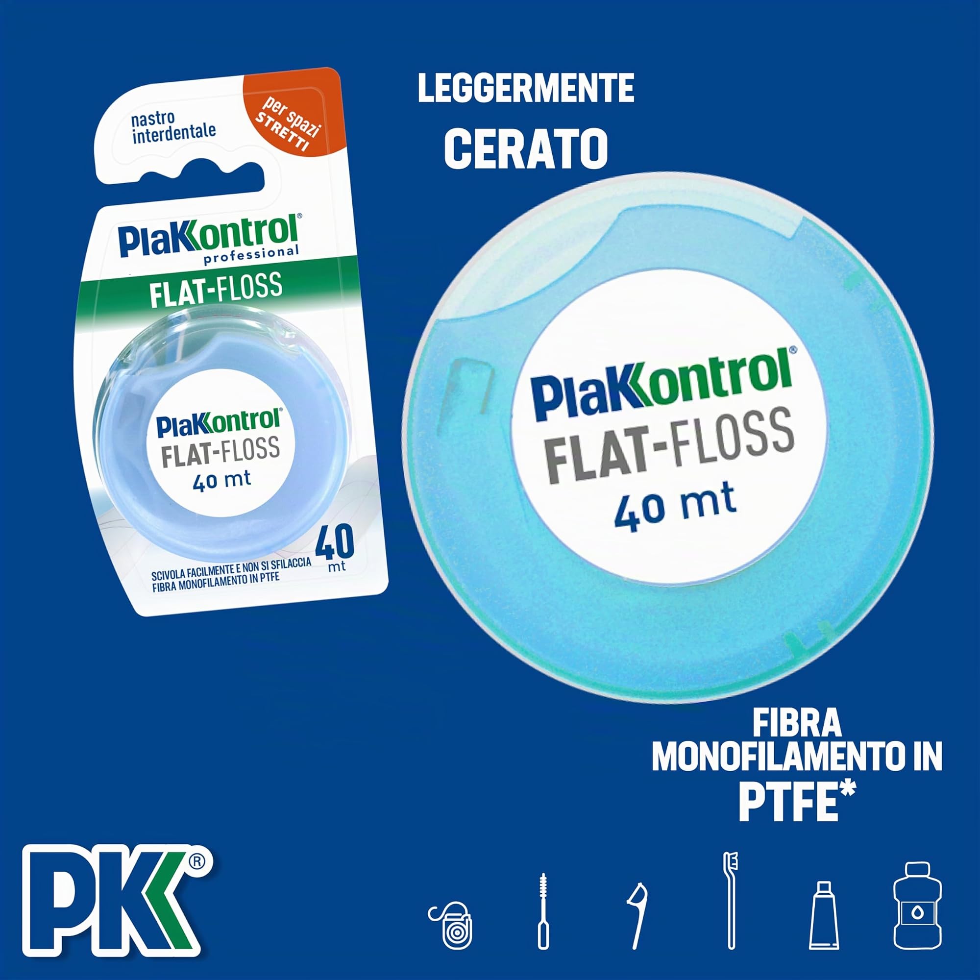 Plakkontrol® Flat-Floss, Filo Interdentale Leggermente Cerato, Nastro in PTFE, 40 m, 22 g