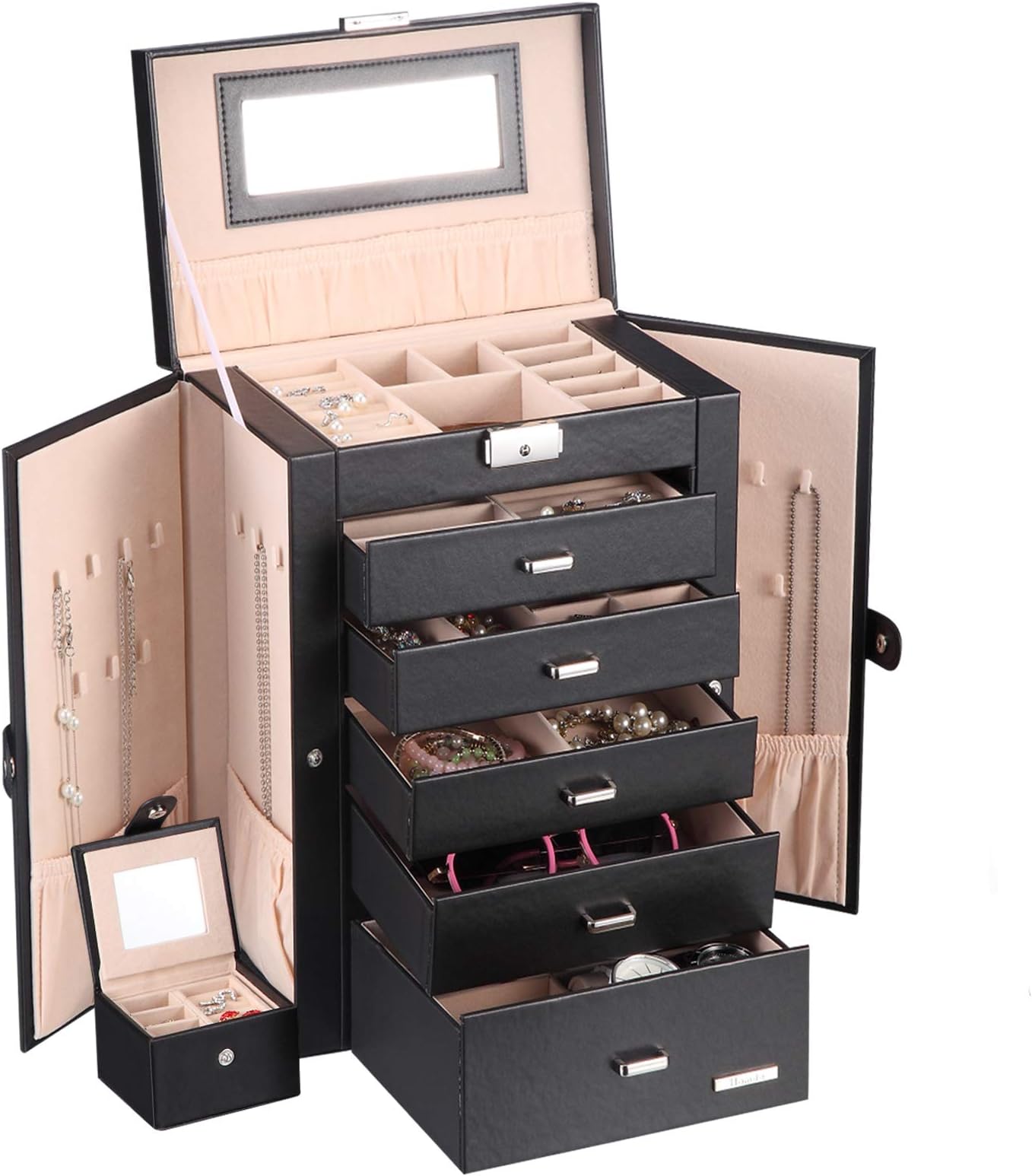 Homde 2 in 1 Huge Jewelry Box/Organizer/Case Faux Leather with Small Travel Case - Gift for Girls or Women (Black)
