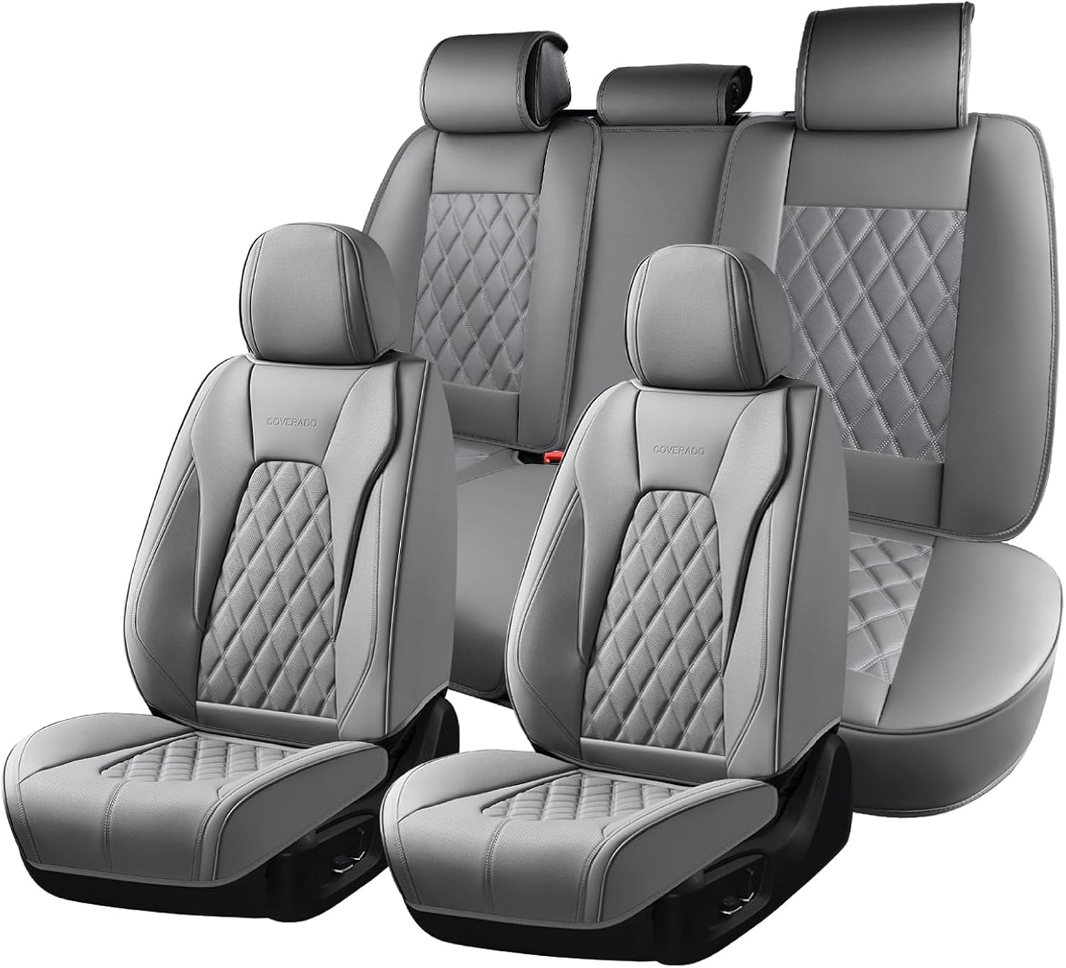 Coverado Car Seat Covers Front Seats and Back, Leather Seat Cover for Cars, Waterproof Seat Covers Full Set Universal Seat Covers Seats Protectors Car Seat Cushion Fit for Most Car - Gray